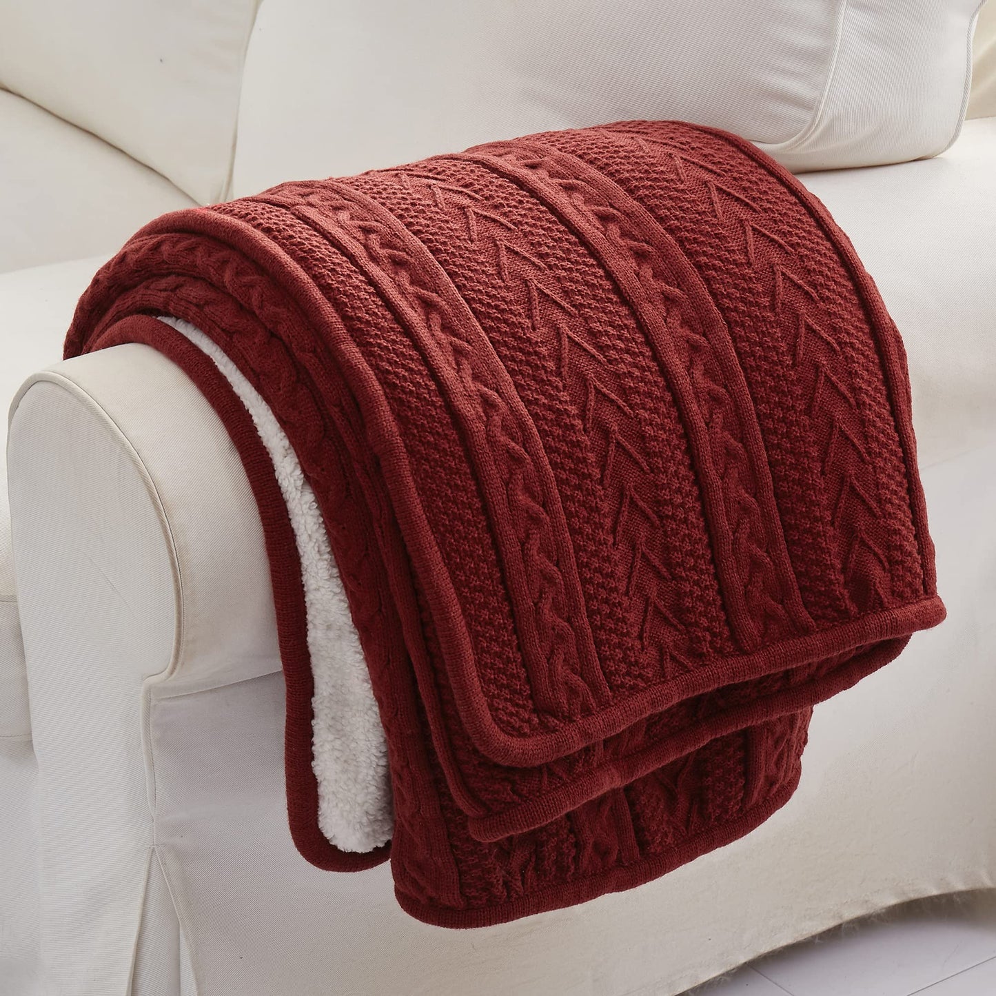 Longhui bedding Wine Red 50 x 63 Inches Acrylic Cable Knit Sherpa Throw Blanket - Thick, Soft, Big, Cozy Knitted Fleece Blankets for Couch, Sofa, Bed - Large Coverlet All Season, Burgundy Color