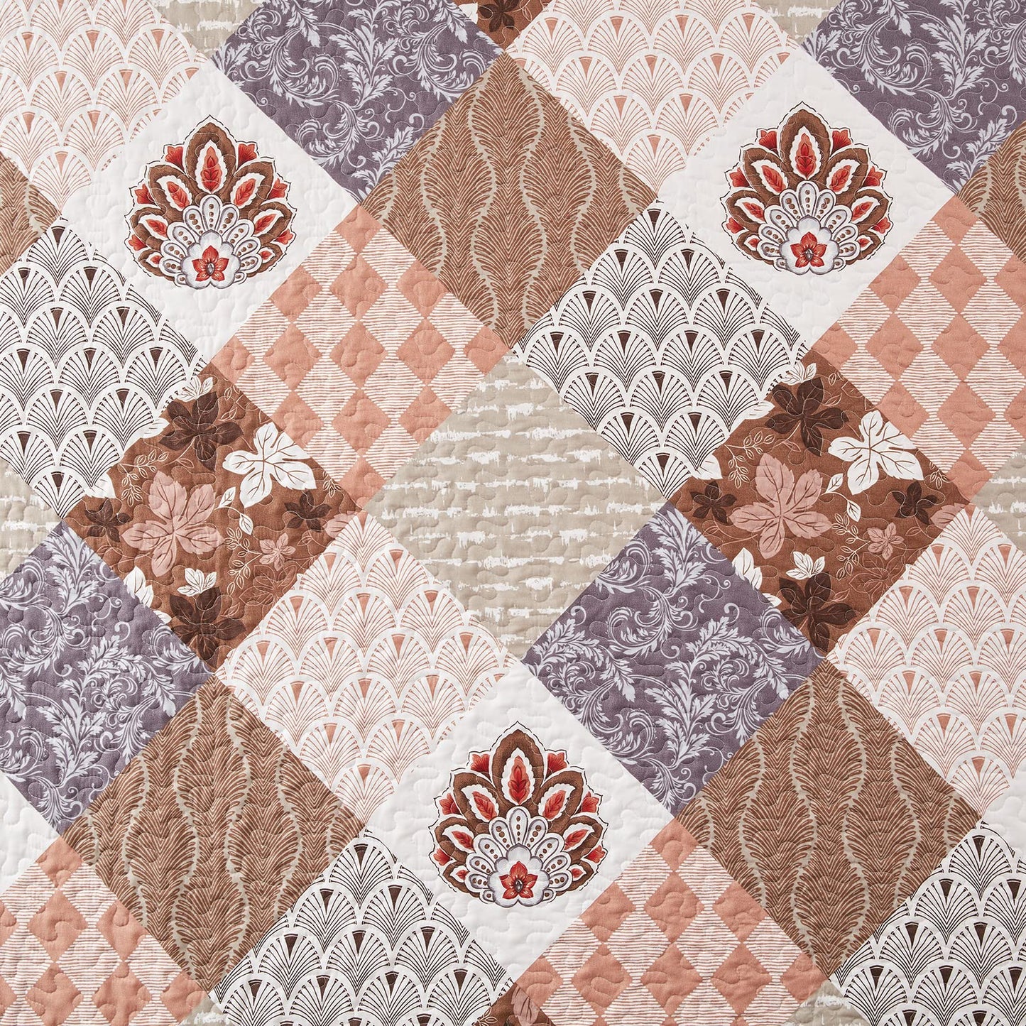 King Size Quilt Set 3 Pieces Lightweight Reversible Bedspread-98''x106'' Soft Patchwork Floral Coverlet Luxurious Warm Microfiber Bed Cover for All Seasons Brown Bedding Set(1 Quilt,2 Pillow Shams)