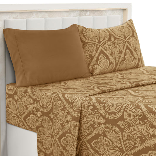 Ultra Soft Wrinkle-Free Microfiber Paisley Sheet Twin XL Set, Cute Floral Pattern Boho Print – 16" Deep Pocket Fitted Sheet, Flat Sheet & 2 Pillowcases, Breathable, OEKO-TEX - Brown