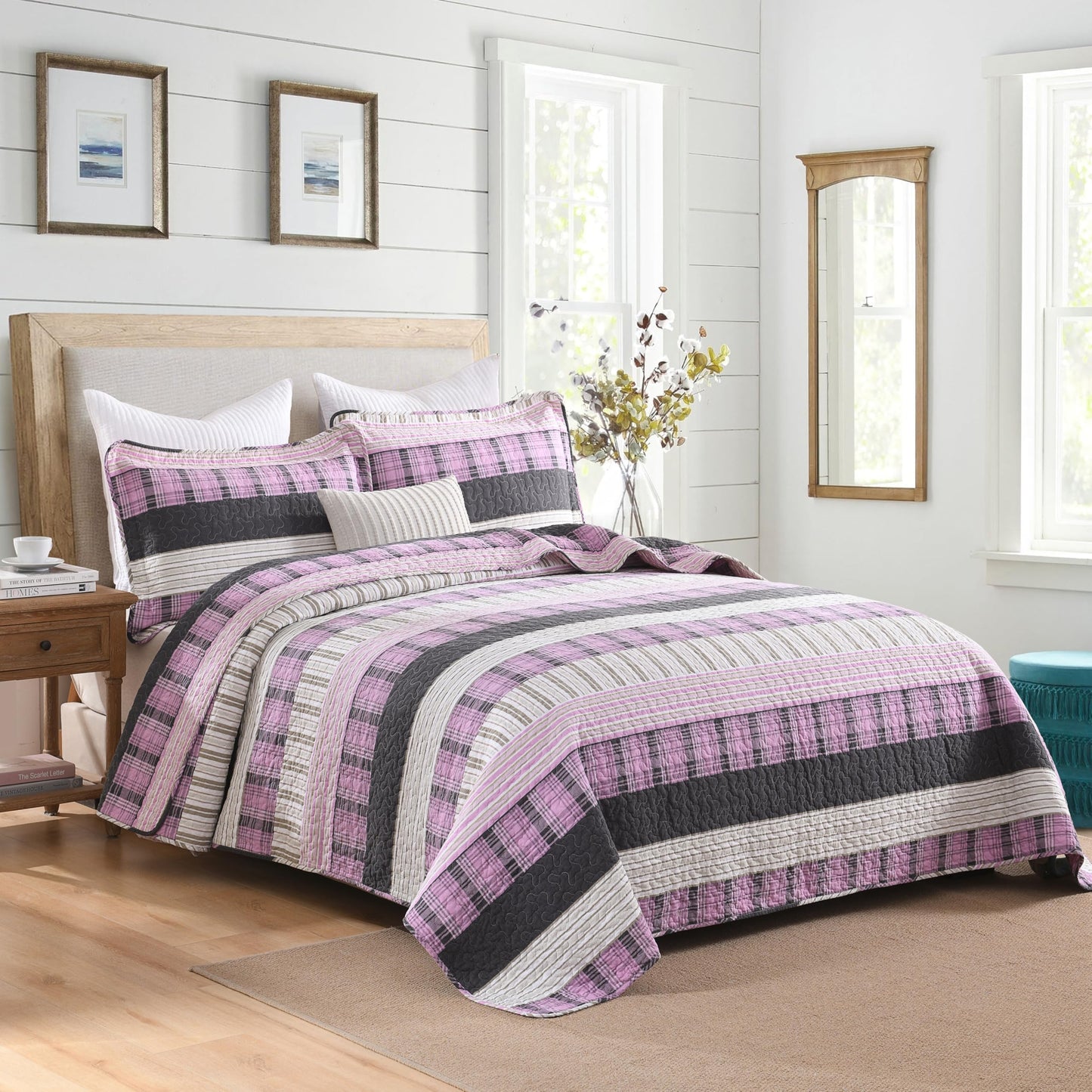 Homzard Queen Size Comforter Set，Cotton Plaid Striped Quilts Queen Size，Pink Black Bedding Bedspread Set，Lightweight Reversible Coverlet All Season 3 Pieces