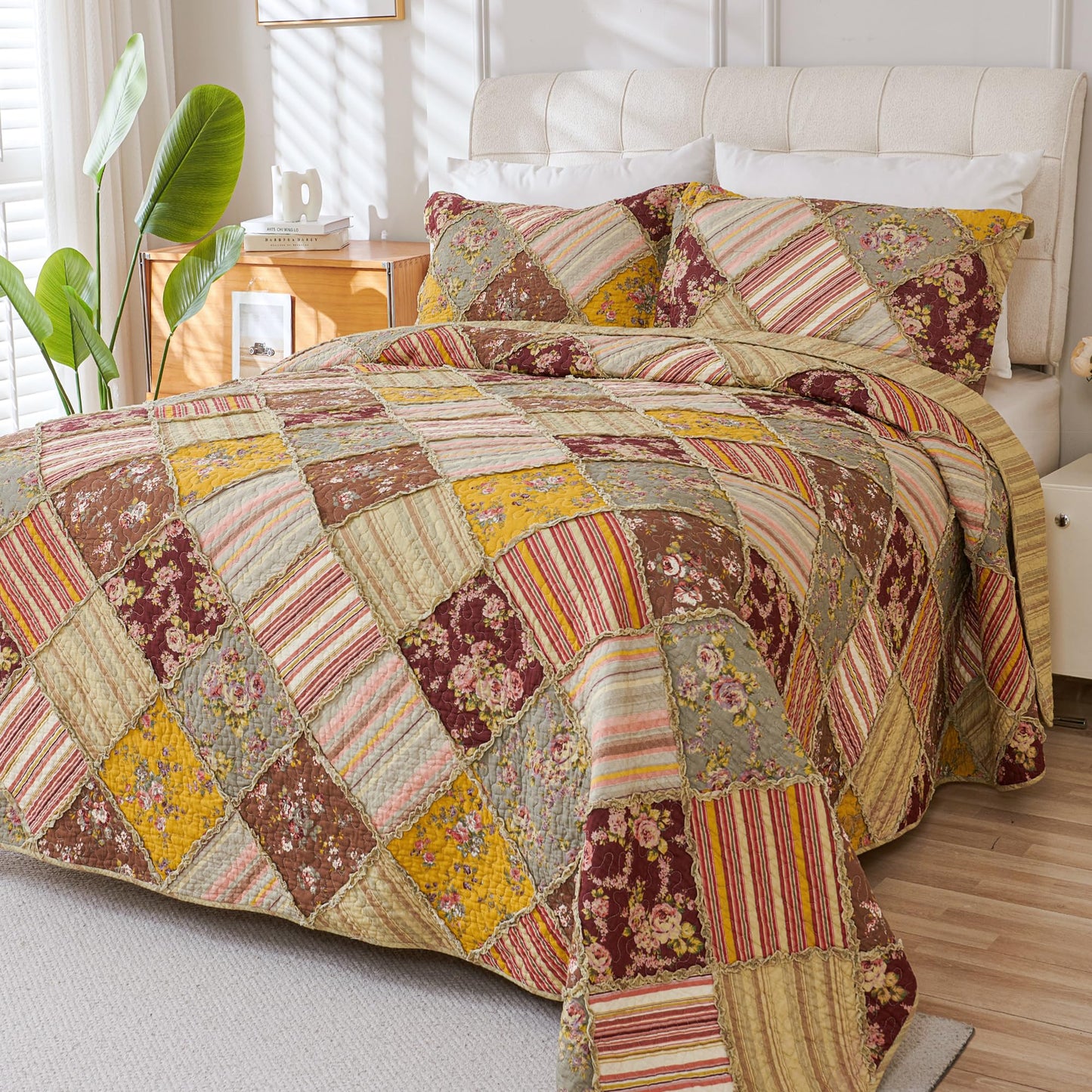 Cmfshape Floral Quilt Sets Bedspread Set 100% Cotton Patchwork Bedding Set, All Season Use Lightweight Reversible Coverlet Quilts with 2 Pillow Shams(Queen 90"x90")