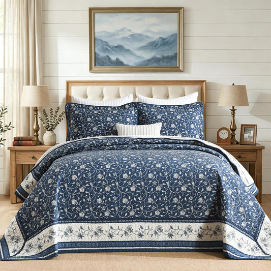 QuiltMuse 100% Cotton Oversized Queen Bedspread Set 102"x120", 3-Piece French Vintage Floral Quilt Coverlet with 2 Pillow Shams, Real Stitched Reversible Lightweight Bedding for High Bed, Navy/White