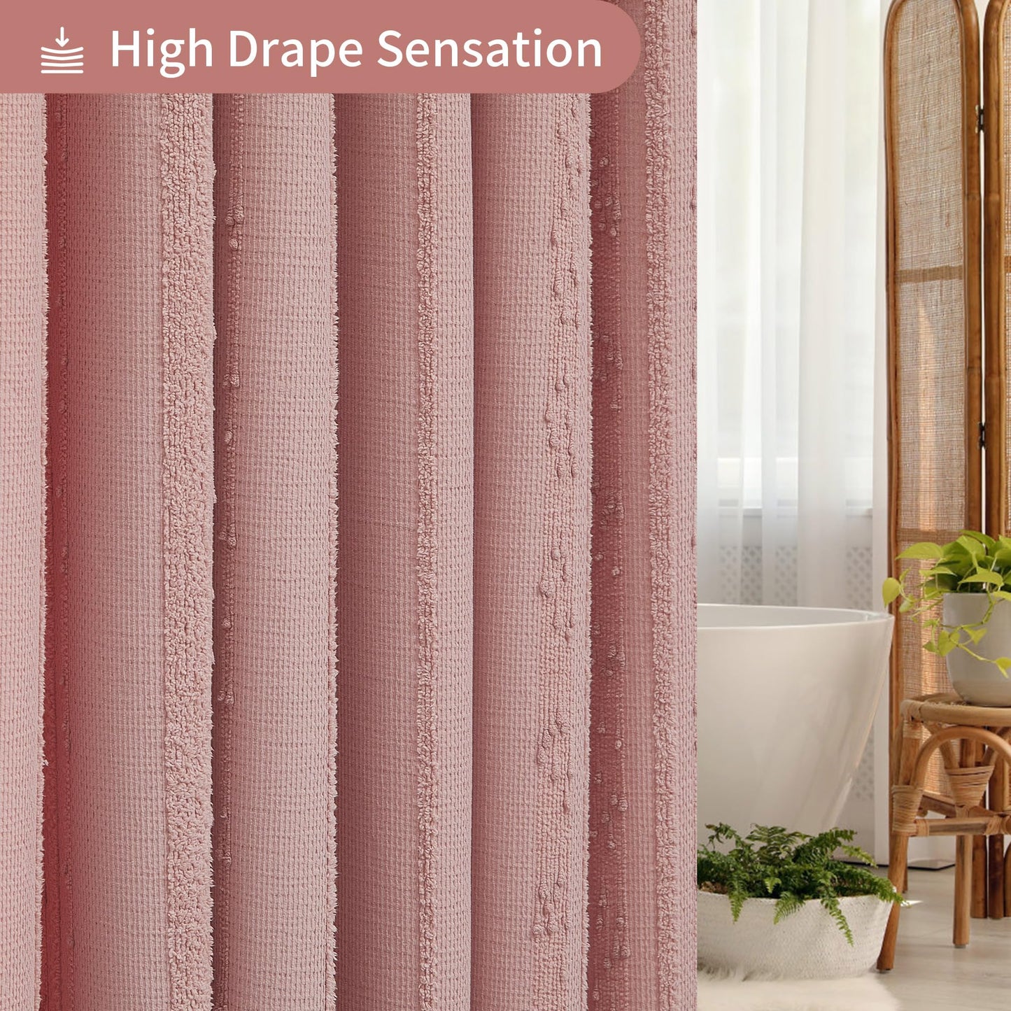 Lameirose Pink Shower Curtain Boho, Cotton Blend Waffle Shower Curtain Textured, Fabric Shower Curtains for Bathroom, Washable 72 x 72