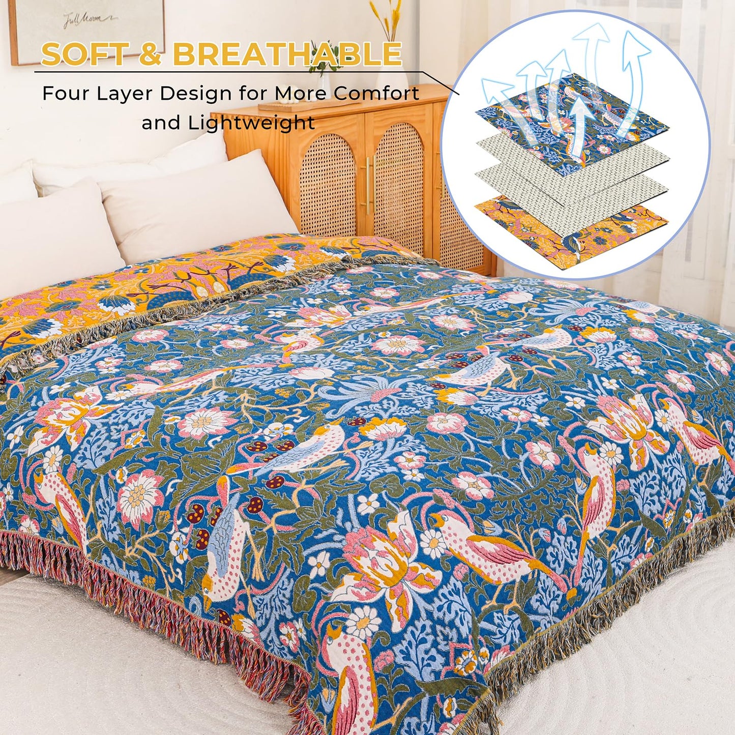 STASOPTK Boho Cotton Muslin Twin Size Bed Throws,100% Cotton Rustic 4 Layer Reversible Bid and Floral Woven Washable Breathable Decor Blanket 60"×80" for Couch Sofa All Seasons,Blue &Yellow
