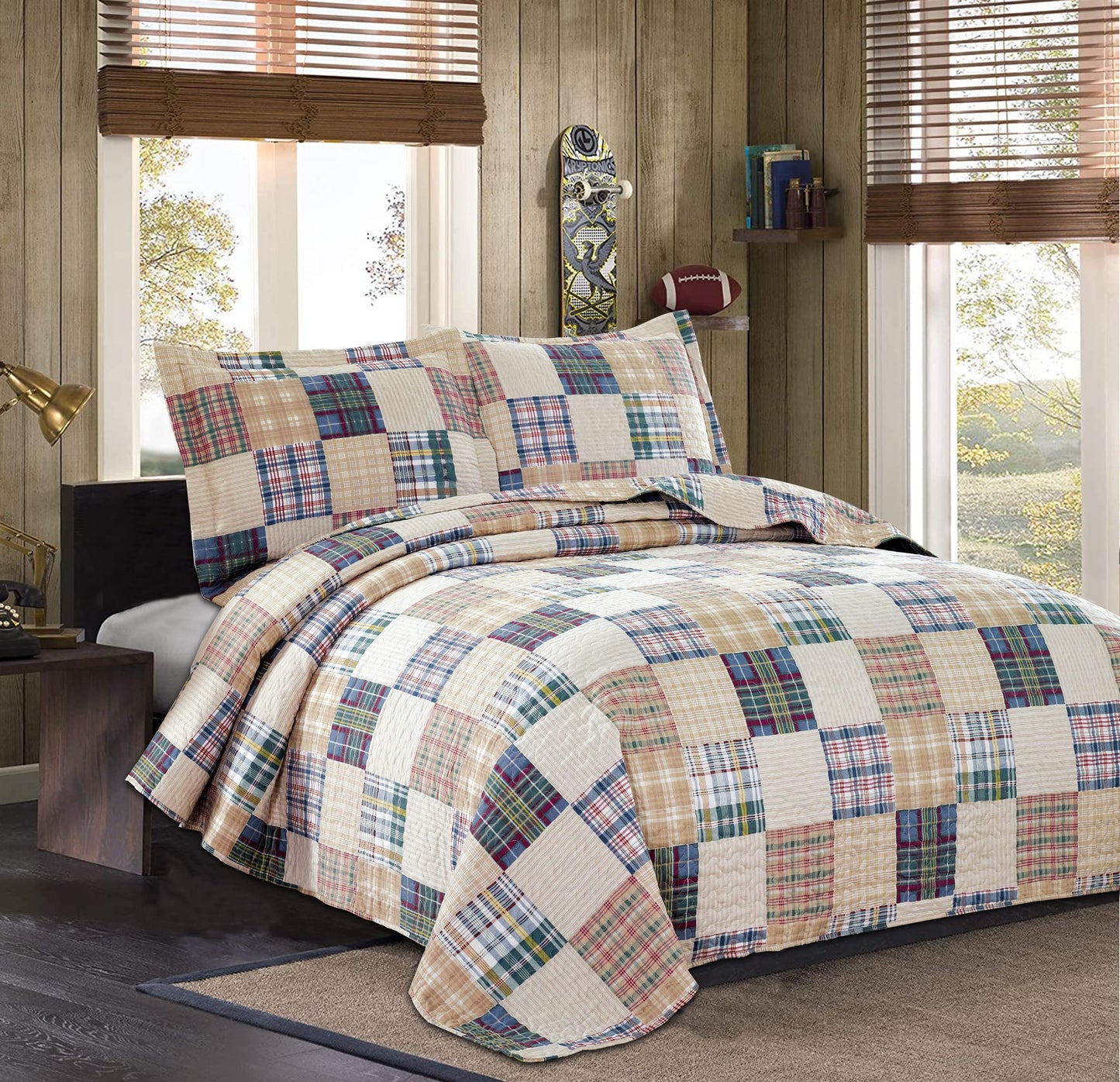 Quilt Set Queen Size Plaid Bedspread Coverlet Queen Quilts Patchwork Bedding Mens Plaid Collection Quilt Bedspread Lightweight Reversible Quilt Bedding Set Queen Bedspread with Pillow Shams,Beige
