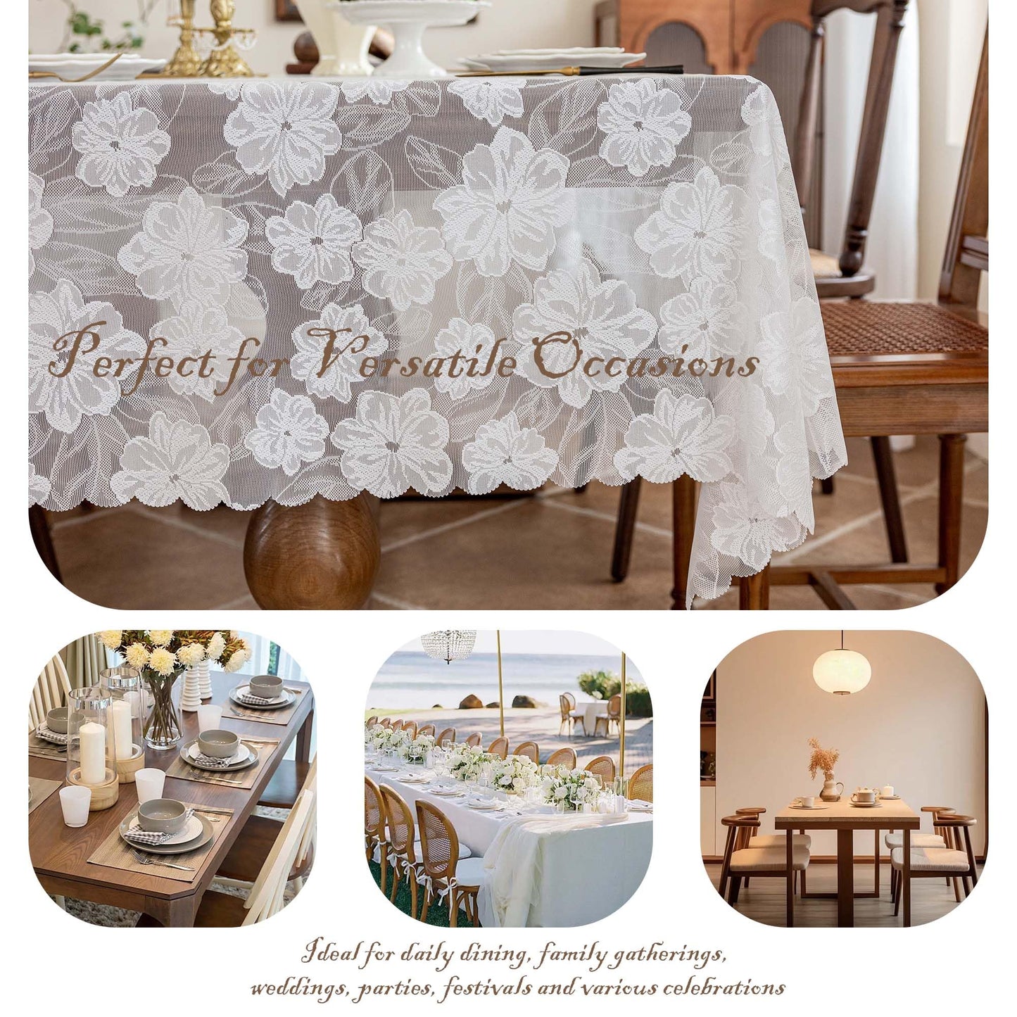 Floral Lace Cutout Rectangular Tablecloth Elegant Jacquard Lace Table Cover Romantic Farmhouse Tablecloth Decorative Dining Table Cloth for Kitchen, Dining Room, Wedding, Party (Camellia, 55''x86'')