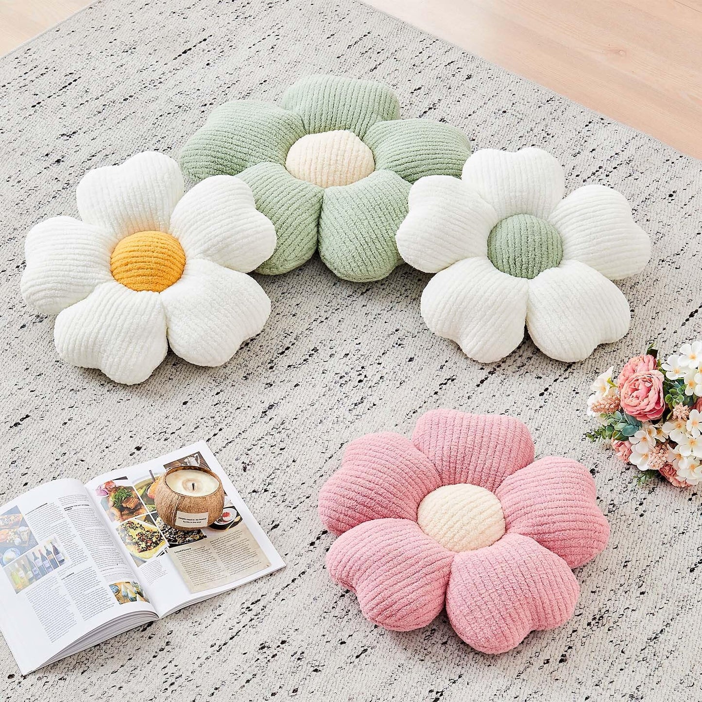 Kcvvcr Flower Throw Pillow, Cute Flower Shaped Pillow Decorative Throw Pillow for Bed Couch, Soft Daisy Pillows Floor Seating Cushion Cushions (14.9 Inch White+Green)