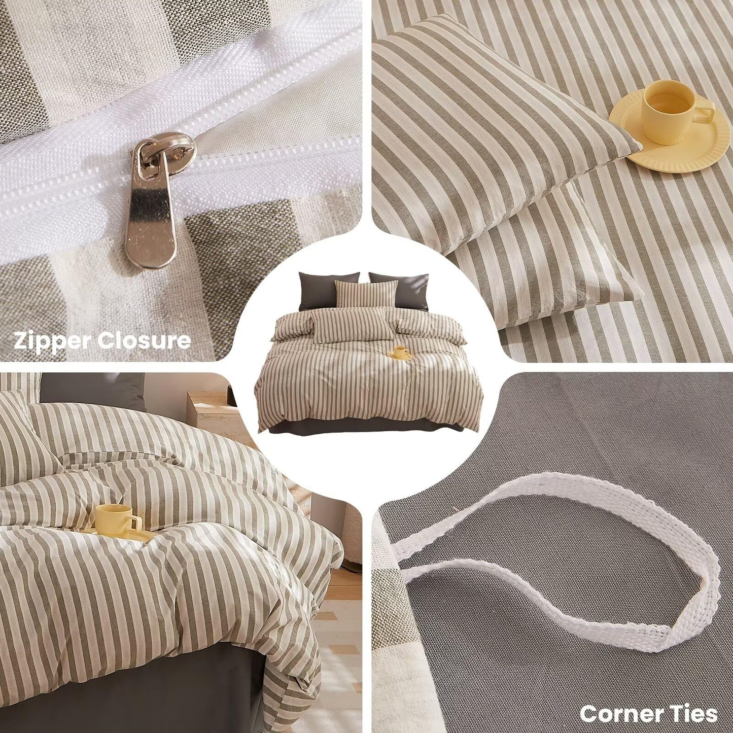 AMZTOP Soft Cotton King Size Duvet Cover Set 3 Pcs,1 Duvet Cover and 2 Pillowcases,100% Washed Cotton Grey Striped Design Bed Set,Zipper Closure Comforter Covers King Size 104"×90"