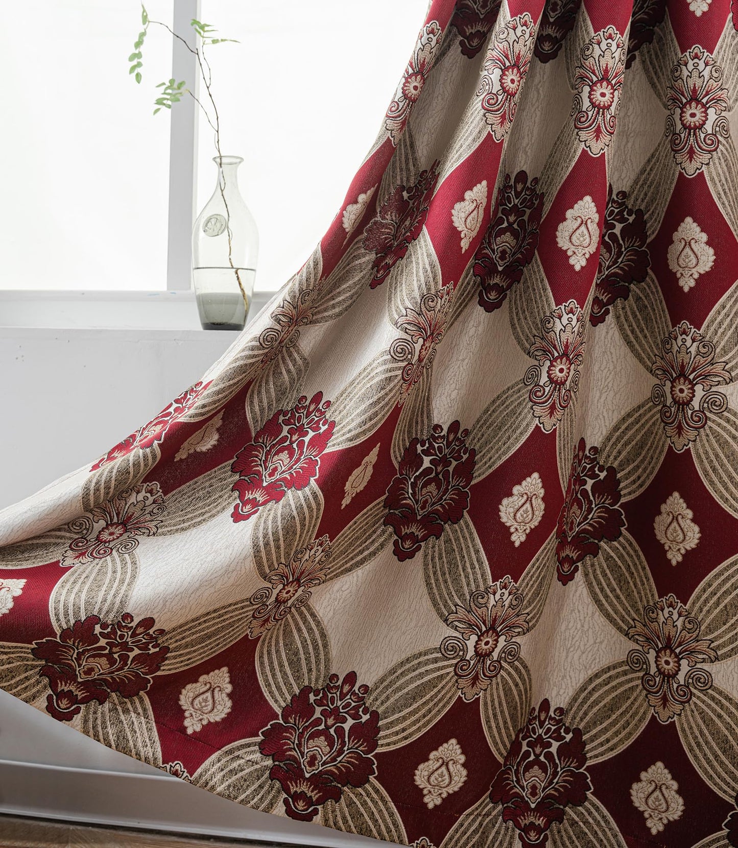 Petrichor Elegant Curtains with Gold Silver Threads 2 Panels Set - Luxury Window Treatment Attached Valance, Sheer Backing, and 2 Tie Backs for Bedroom and Living Room, 54x84 inches, Burgundy