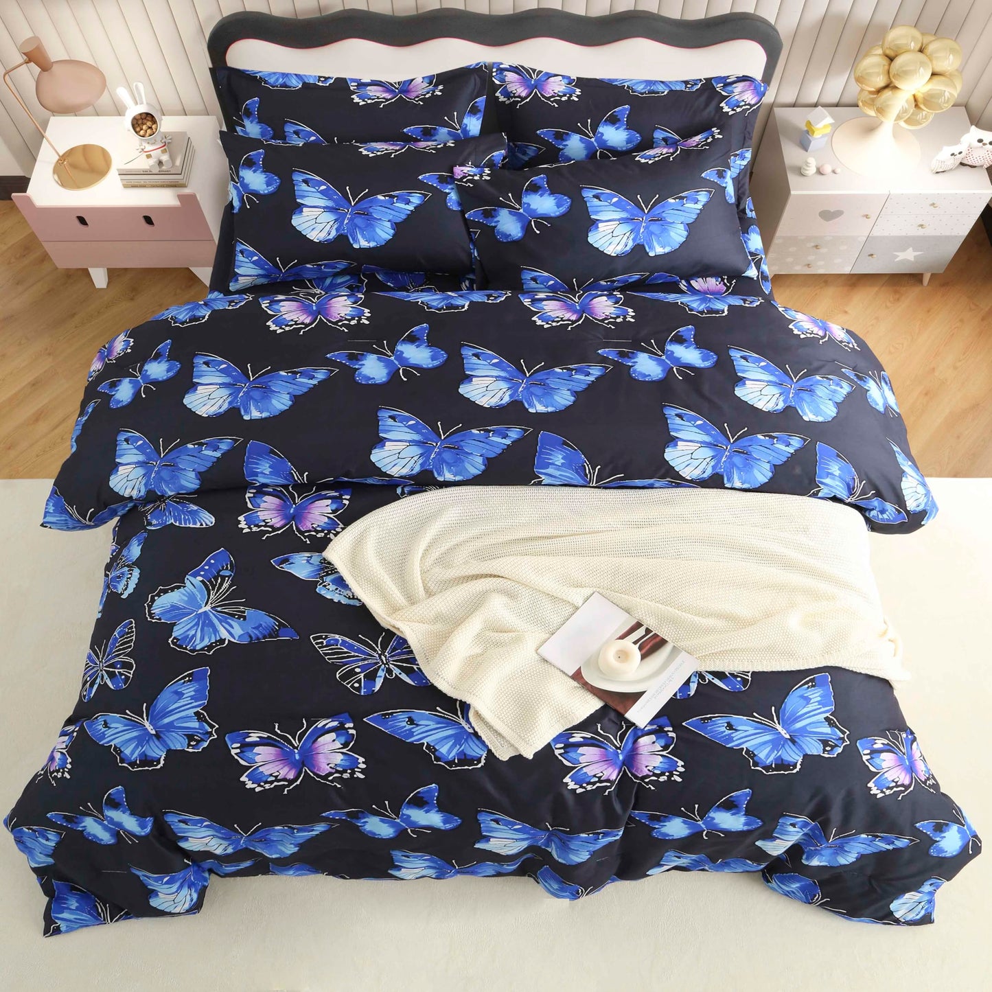 SDY 7PCS Butterfly Bedding Twin Bed in A Bag Twin Girls Boys and Kids with Butterfly Comforter, Flat Sheet, Fitted Sheet and Pillowcases & Shams