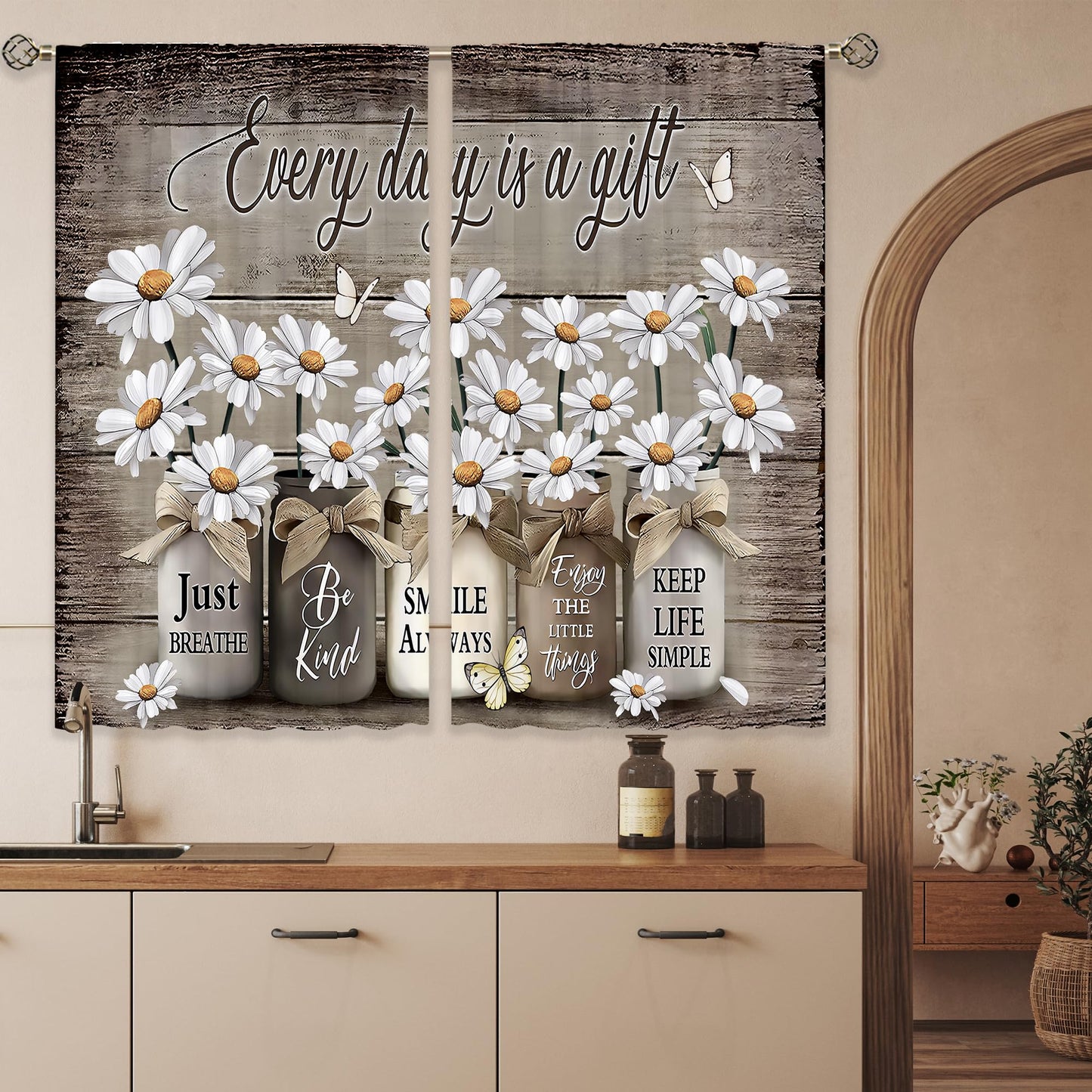 Laifzere Farmhouse Floral Kitchen Curtains Daisy Rustic Vintage Flower Inspirational Small Short Cafe Window Curtains Wooden Country Quotes Bathroom Tier Window Treatment Drapes (27.5x39 Inch)