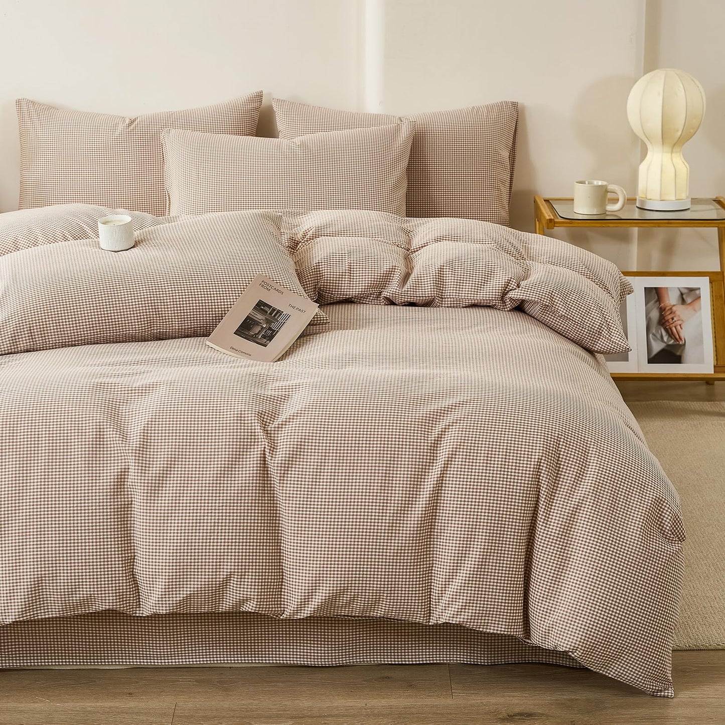 VM VOUGEMARKET Tan Paid Duvet Cover Queen 100% Washed Cotton Like Linen Bedding Set Soft Breathable 3 Piece Mini Gingham Checkered Comforter Cover Set (Queen 90"x90", Comforter Not Included)