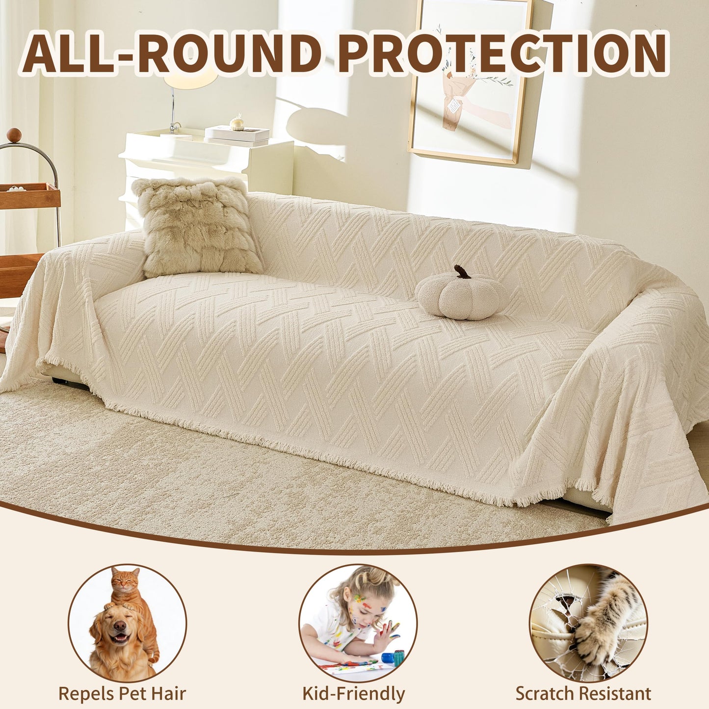 KaviKon Couch Covers for Dogs, Sofa Covers for 3 Cushion Couch, Plush Couch Blanket Cover Sectional Washable, Sofa Slipcover Protector, Slip Covers for Sofas High Weight Warm, Chevron Cream, 71" ×118"