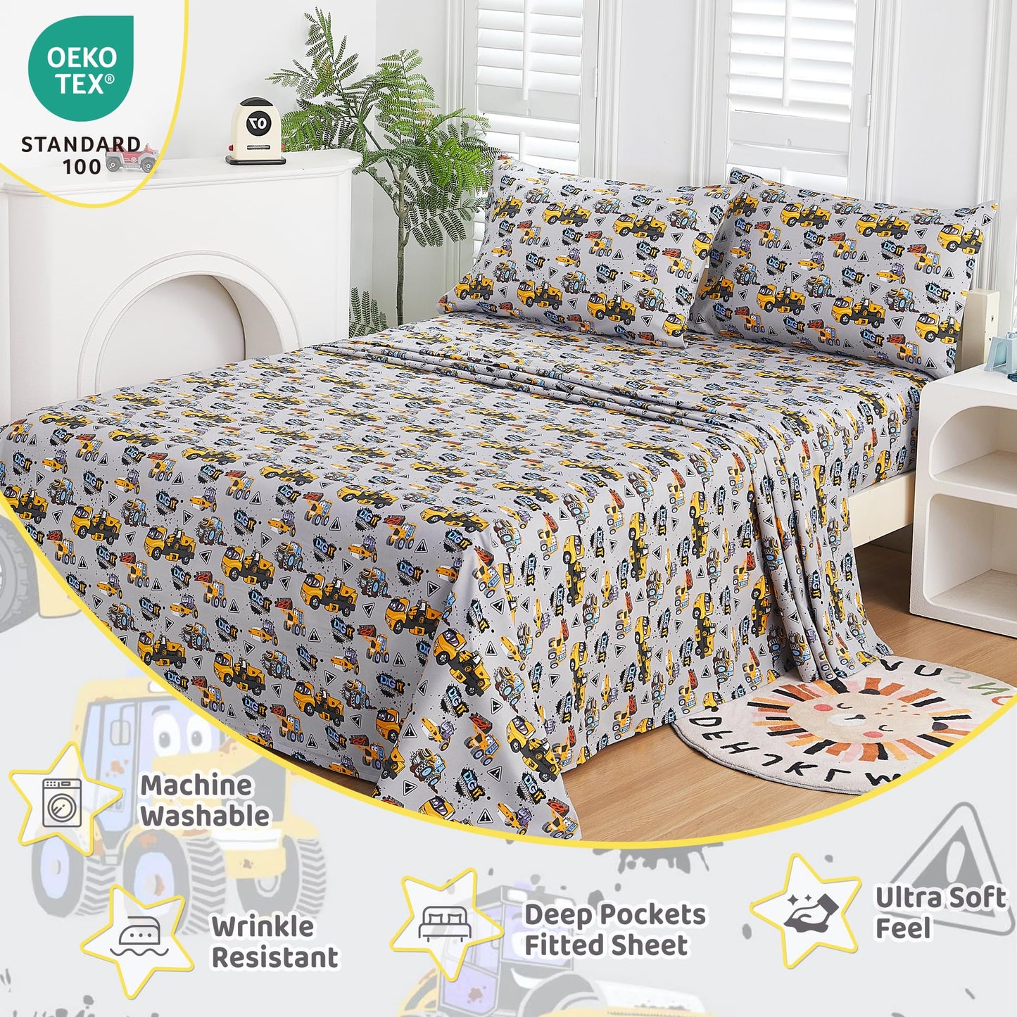 Viviland 3 Pieces Boys Grey Truck Twin Sheet Set - Soft Microfiber Fitted Flat Sheets & Pillowcase Bed Sheet Set - Heavy Duty Vehicle Print Bedding Sets for Kids