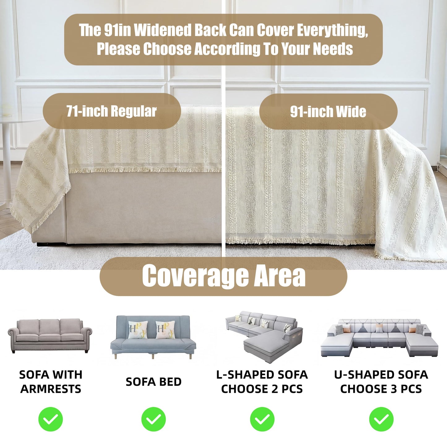 Fuyulacom Couch Cover for Dogs Washable Sofa Cover, Sectional Couch Covers, Sofa Covers for 2 Cushion Couch, Non Slip Stripe Sofa Slipcovers Furniture Protector (Beige, 71x118)