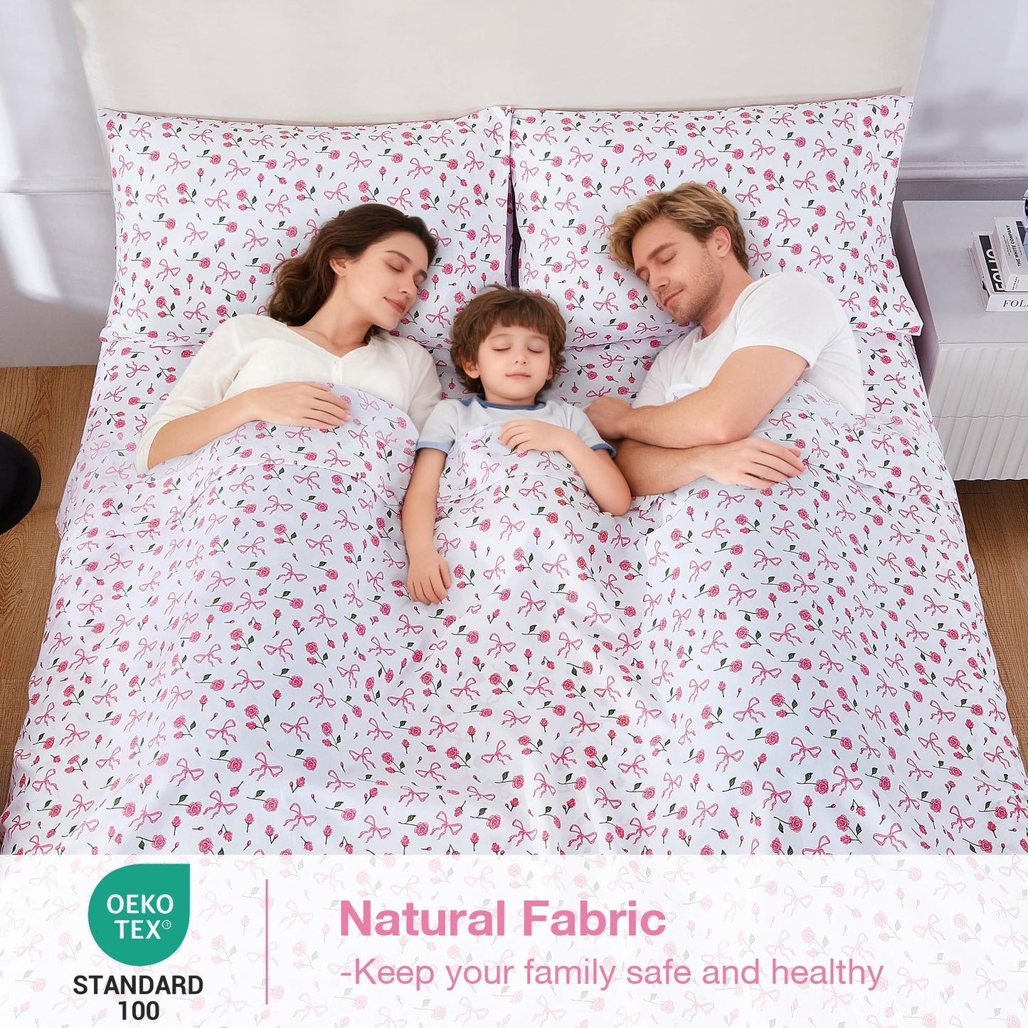 Softan Pink Floral Queen Bed Sheets, Cozy Microfiber Flower Printed Sheets with 15" Deep Pocket Fitted Sheet & Non-Slip Straps, Patterned Pink Rose - Bow Sheets & Pillowcase Set