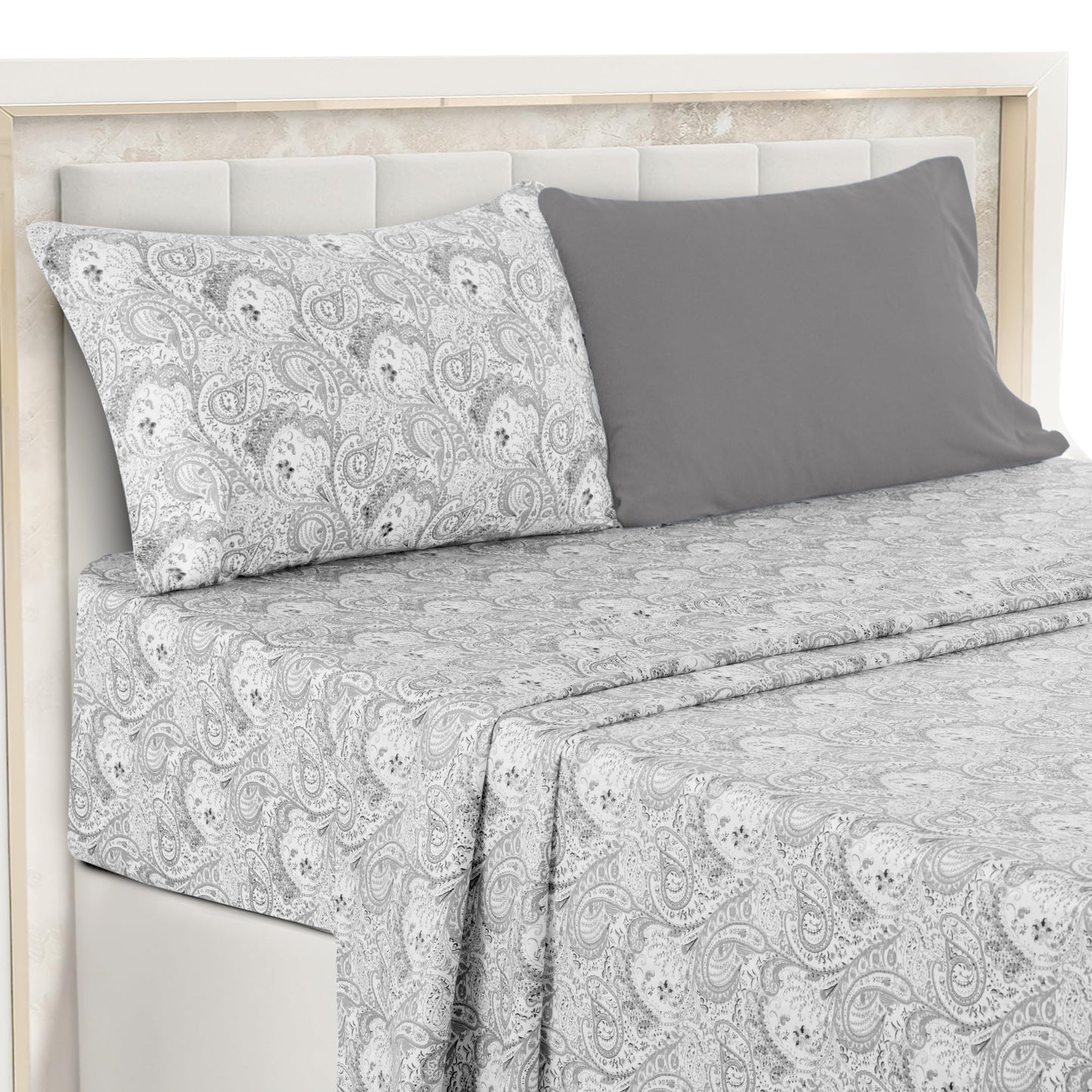 Ultra Soft Wrinkle-Free Microfiber Paisley Twin Sheet Set, Cute Floral Pattern Boho Print – 16" Deep Pocket Fitted Sheet, Flat Sheet & 2 Pillowcases, Breathable, OEKO-TEX - White/Grey