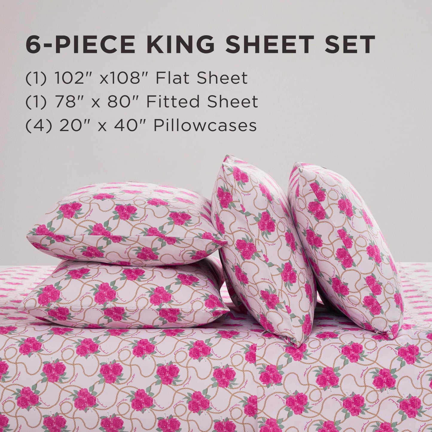Juicy Couture Printed Microfiber 6-Piece King Sheet Set, Bianca Chain Floral Pink