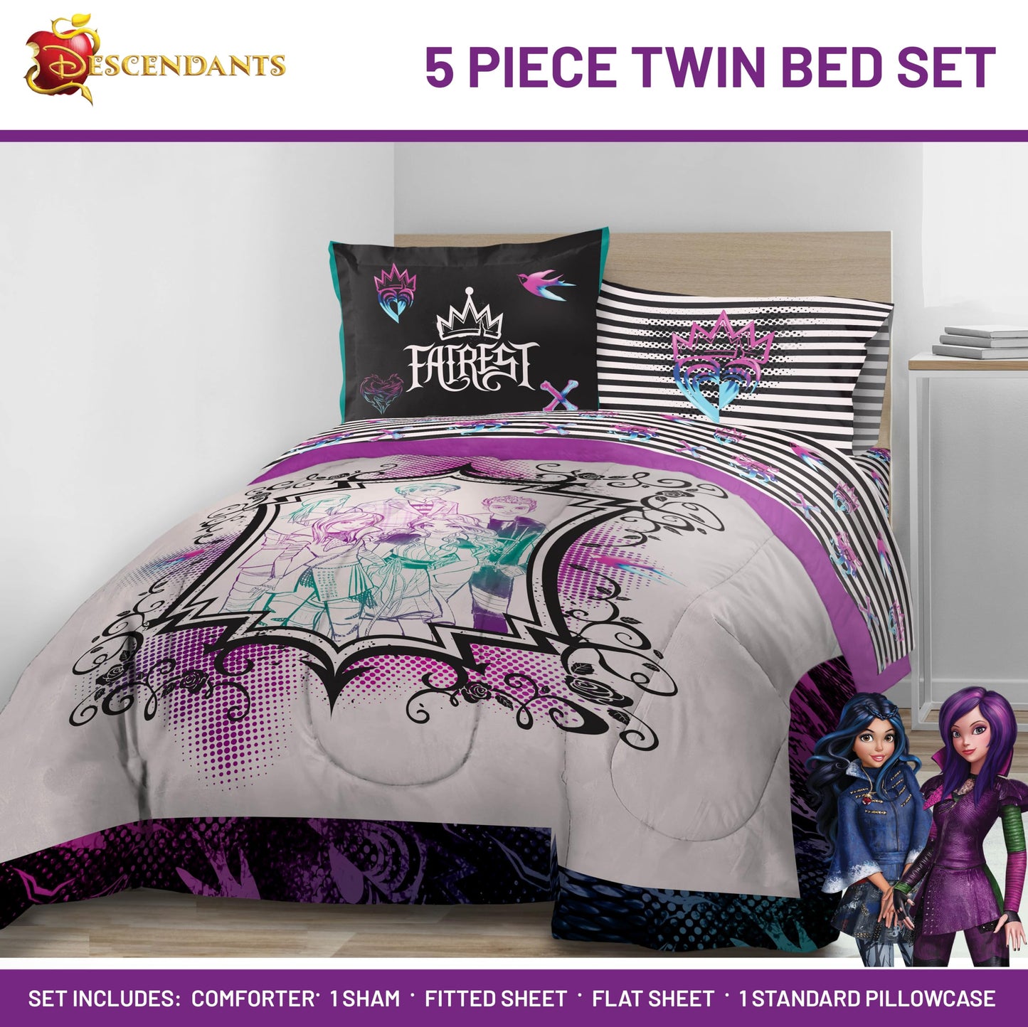 Jay Franco Kids Comforter Set Includes Sheets and Pillow Cover - Soft and Cozy Bed Set for Stylish Room Décor, Multi - Descendants, 5 Piece Twin