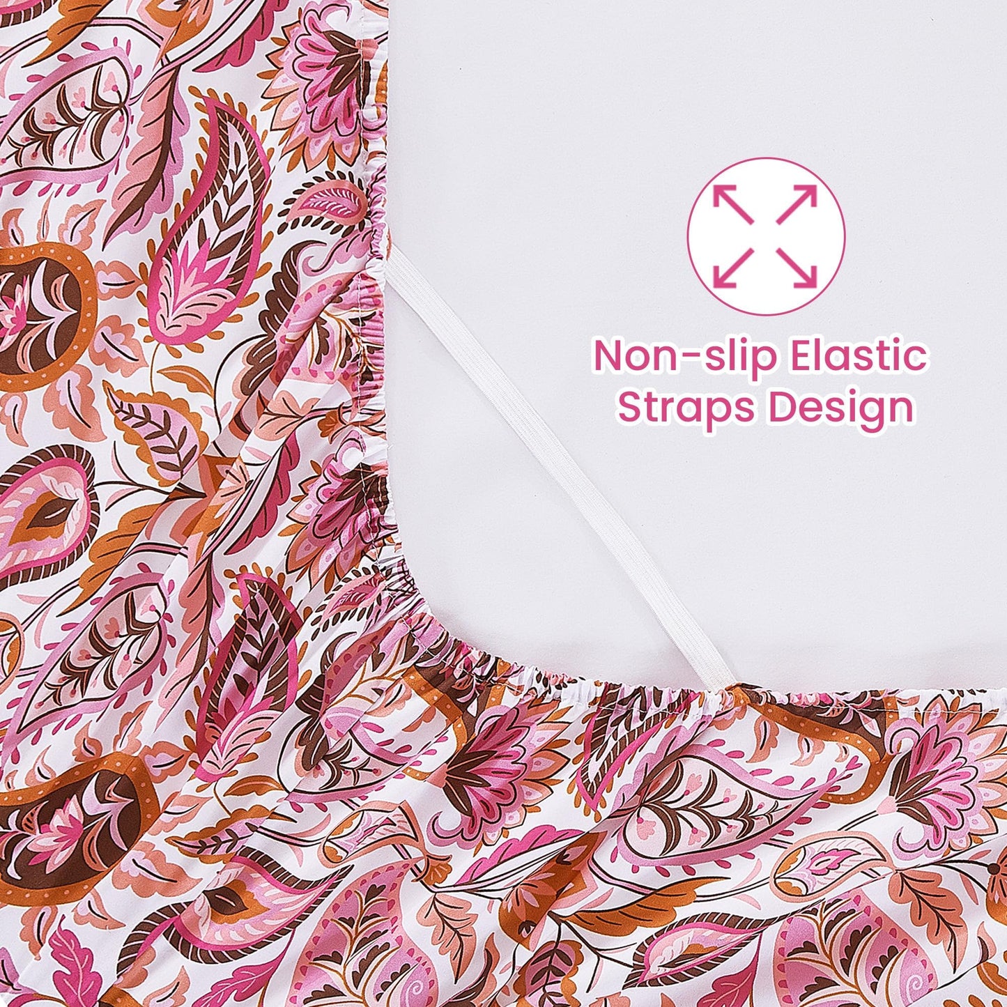 Softan Pink Paisley Floral Full Sheet Set, Cozy Boho Microfiber Printed Fitted Bed Sheet with 15" Deep Pockets & Non-Slip Straps, Girls Patterned Double Sheets & Pillowcase Set
