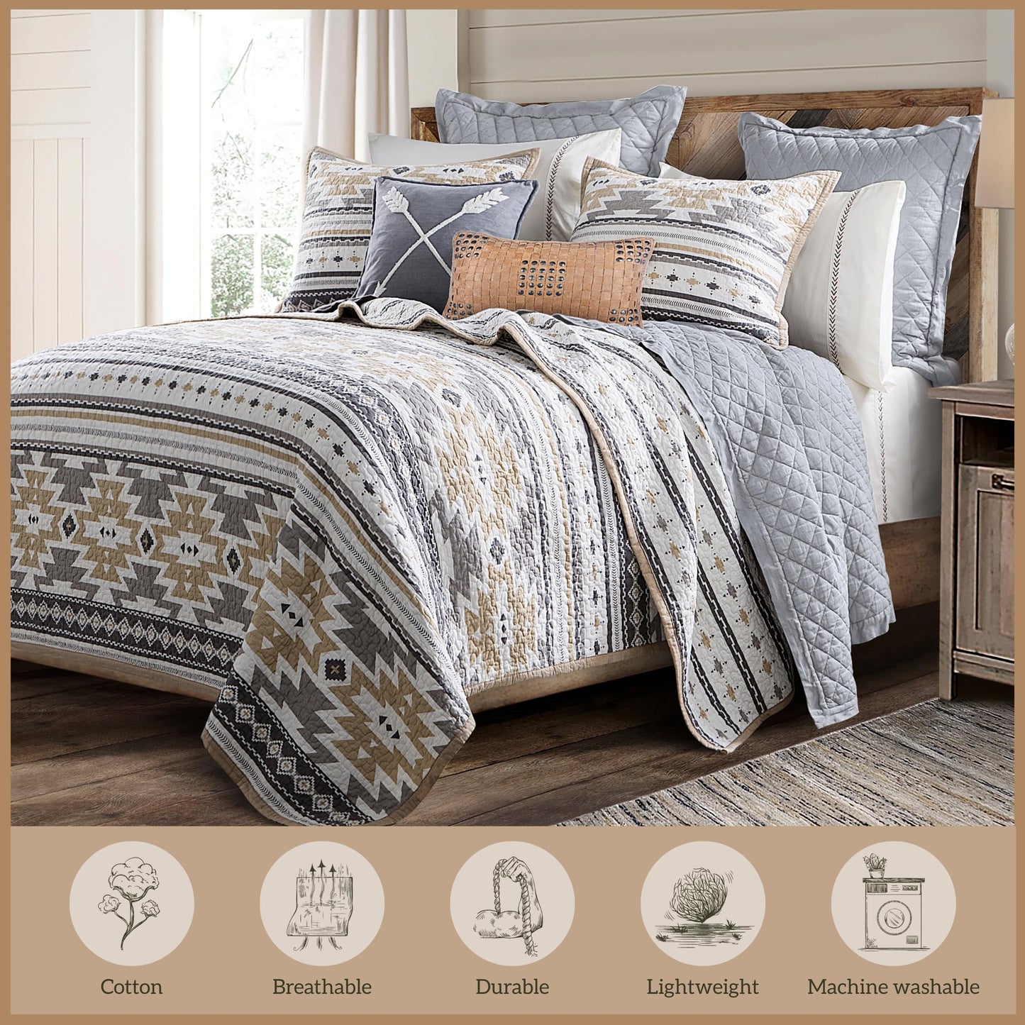 Paseo Road Desert Sage King Quilt Set, 3 Piece Rustic Western Bedding Set with Pillow Sham, Lightweight Reversible Cotton Quilt with Southwestern Aztec Pattern, Soft Breathable Cozy Boho Bedding