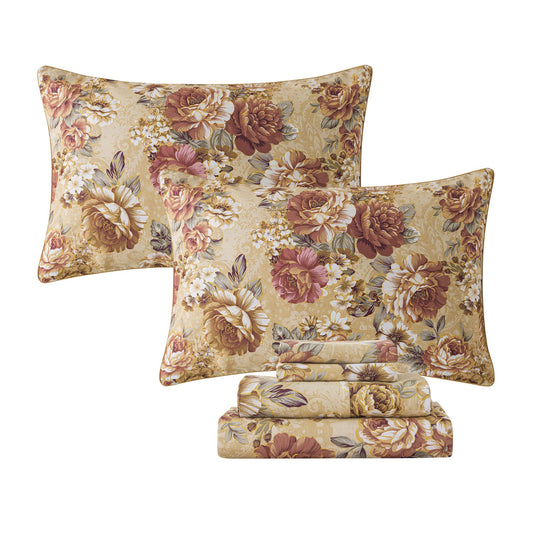 FADFAY Sheets Set King Tan Peony Floral Bed Sheet Set Vintage Farmhouse Bedding 100% Cotton Ultra Soft Breathable Bedding with Deep Pocket Fitted Sheet 4Pcs, King Size