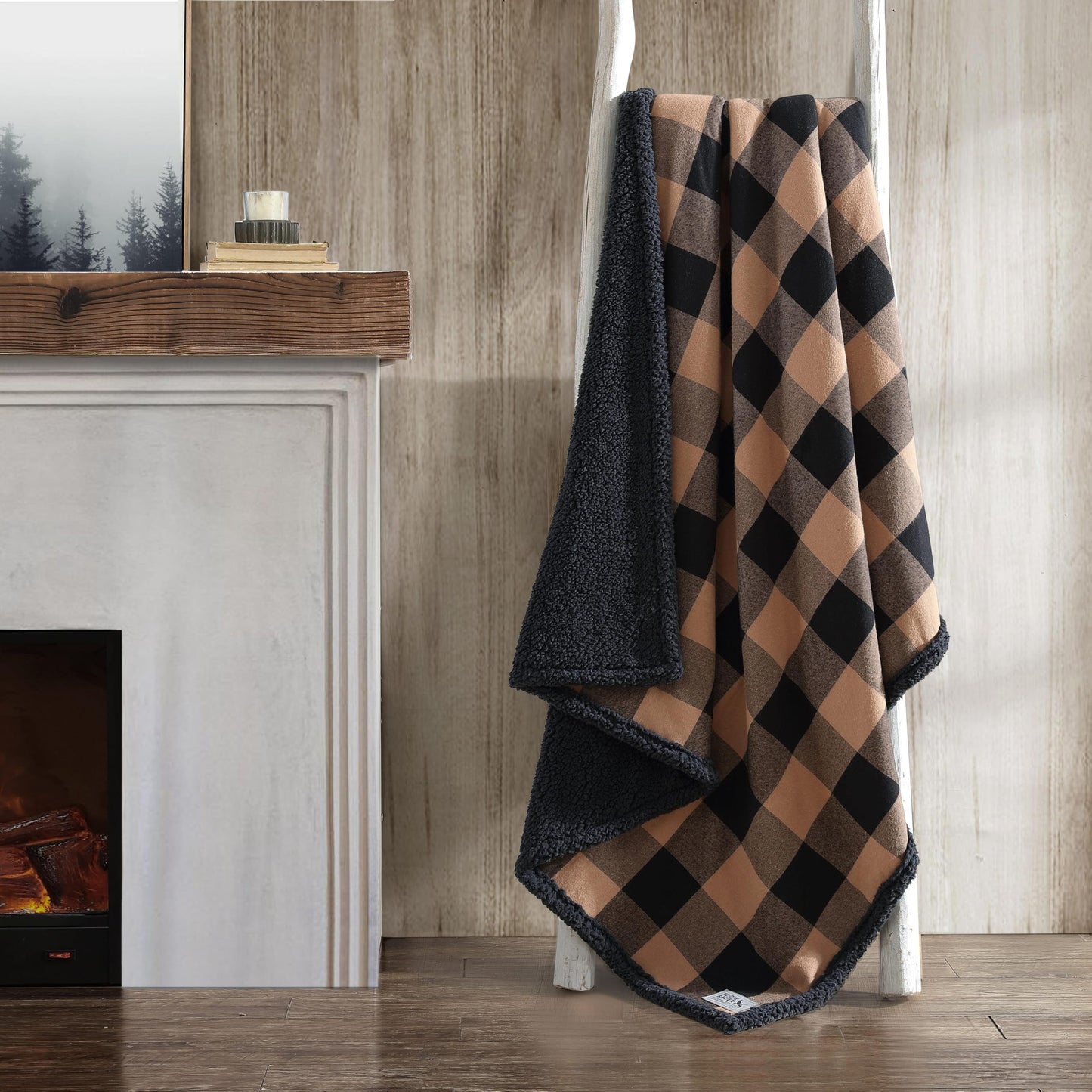 Eddie Bauer - Throw Blanket, Brushed Fleece & Plush Sherpa Soft Blanket, Throw Blanket for Couch & Bed (Cabin Plaid Beige, 50" x 60")