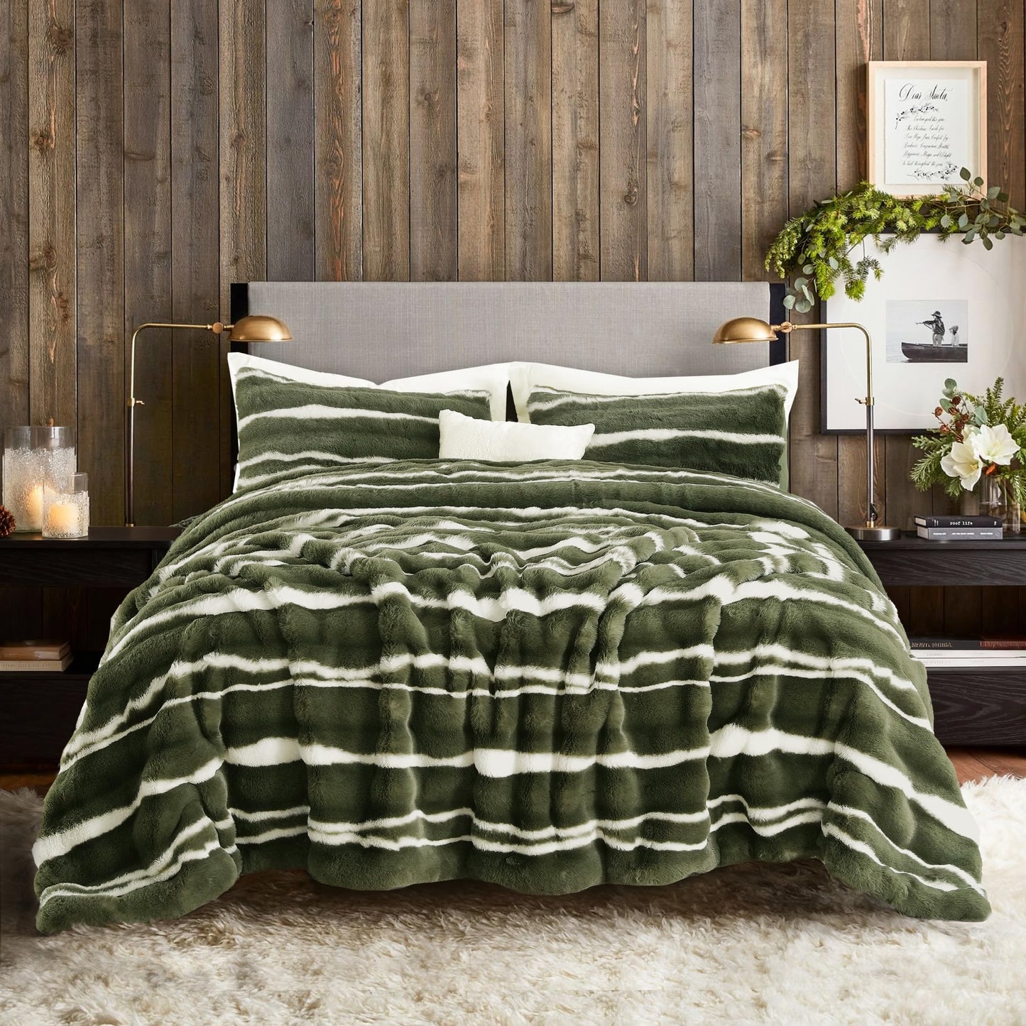 Wonderful 3 Pieces Fluffy Faux Rabbit Fur Comforter Set King Size, Dark Green Plush Fuzzy Bedding Set, Animal Stripes Design Warm Soft Comforter Bedding Set for All Season,104"x94"