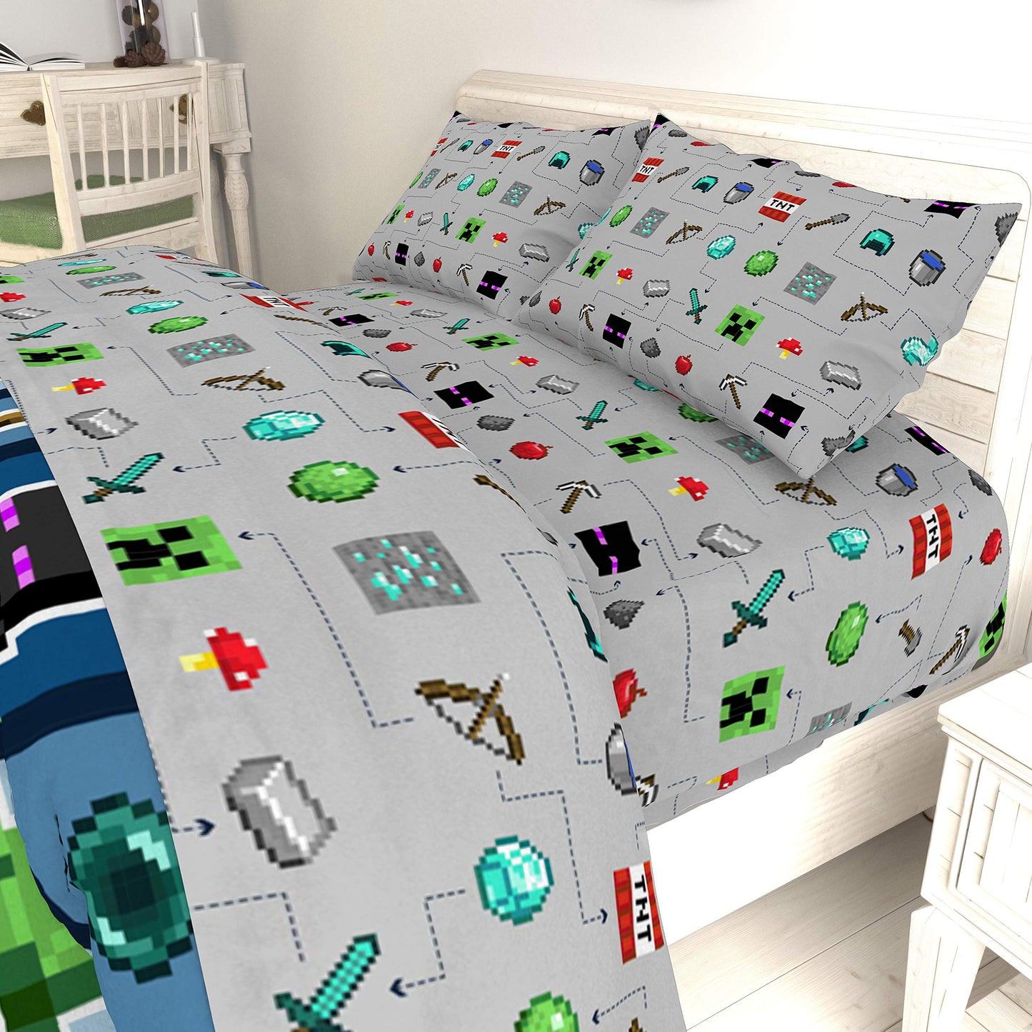 Jay Franco Kids Sheet Set with Fitted, Flat Sheets & Pillow Cover - Ultra-Soft Bedding with Pillowcase for Room Decor, Gray - Minecraft, 4 Piece Full