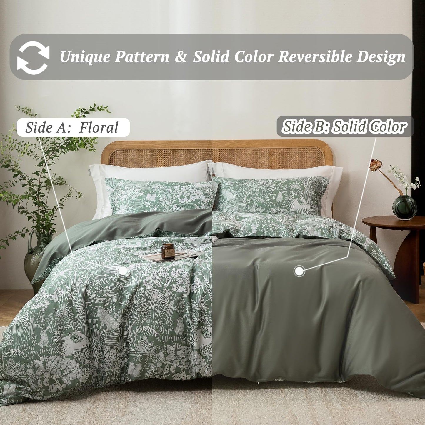 MILDLY Queen Size Duvet Cover Set 100% Long-Staple Cotton Luxury Green Floral Patten Reversible Comforter Cover Set 3Pcs