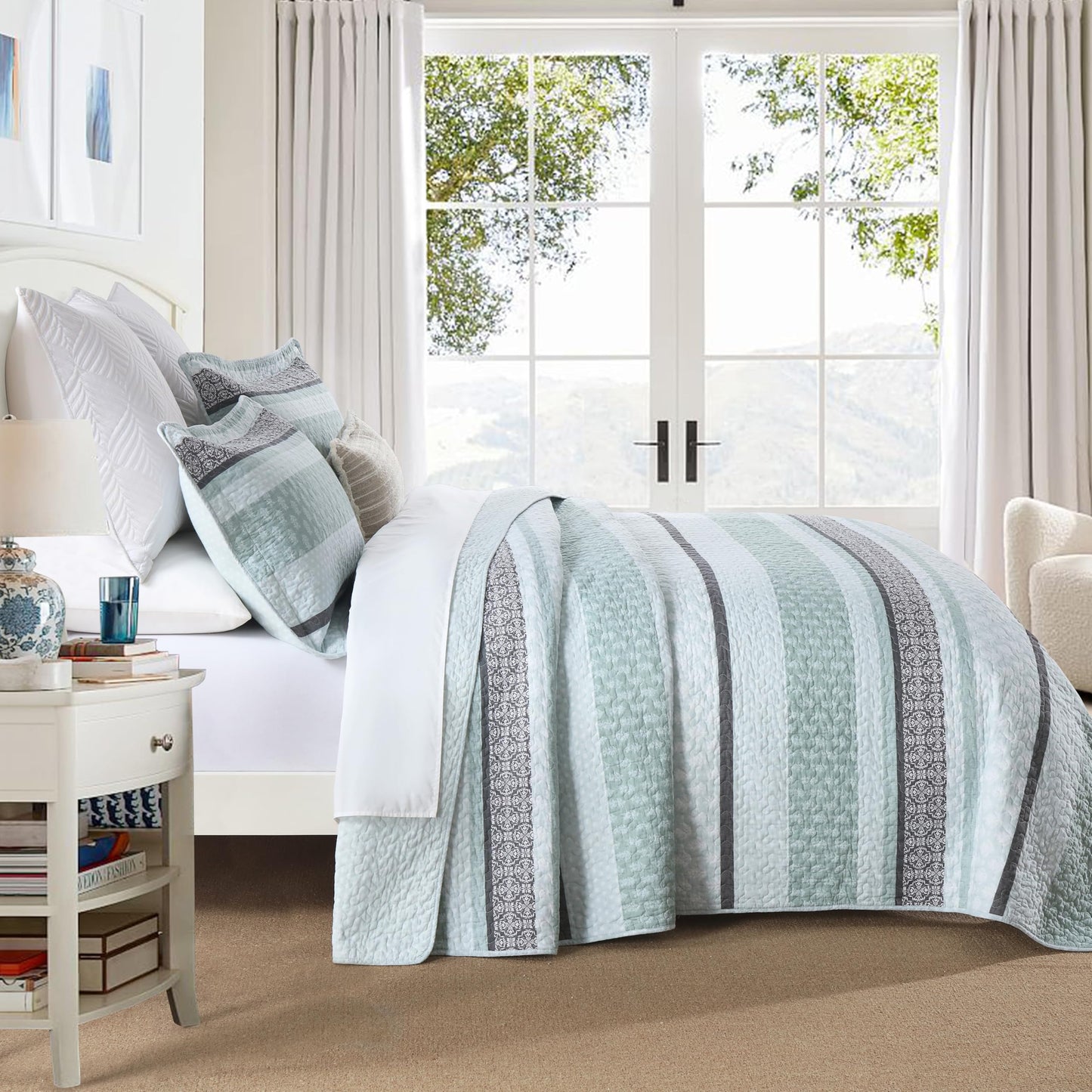 Homzard Quilts Queen Size,Cotton Queen Comforter Set,Mint Green Grey Bed Set,Striped Bedding,Lightweight Bedspreads All Season 3 Piece