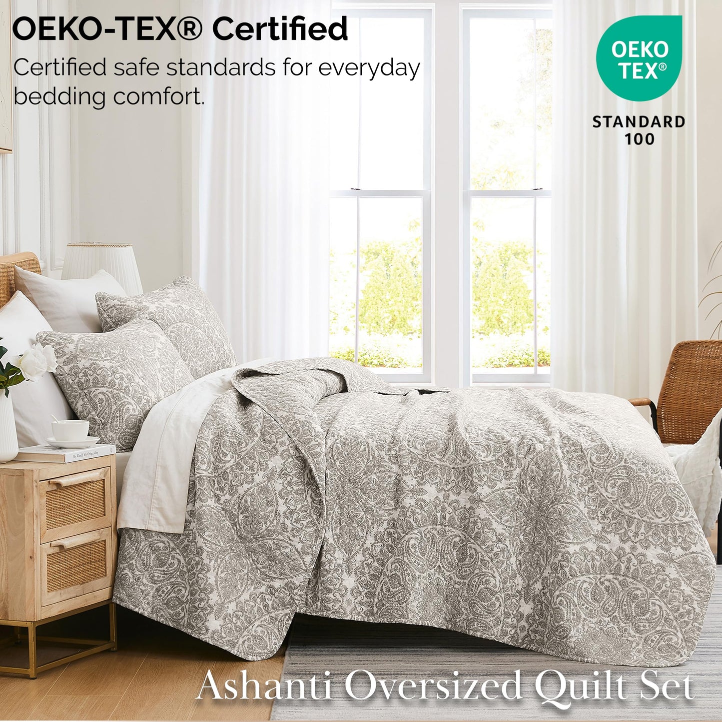 Southshore Fine Living, Inc. Ashanti Collection Oversized King Quilt Bedding Set, Soft Fabric, Lightweight Bedspread 3-Piece, Two Matching Shams (108 in Wide x 98 in Long), Cal/King Quilt Sets, Bone