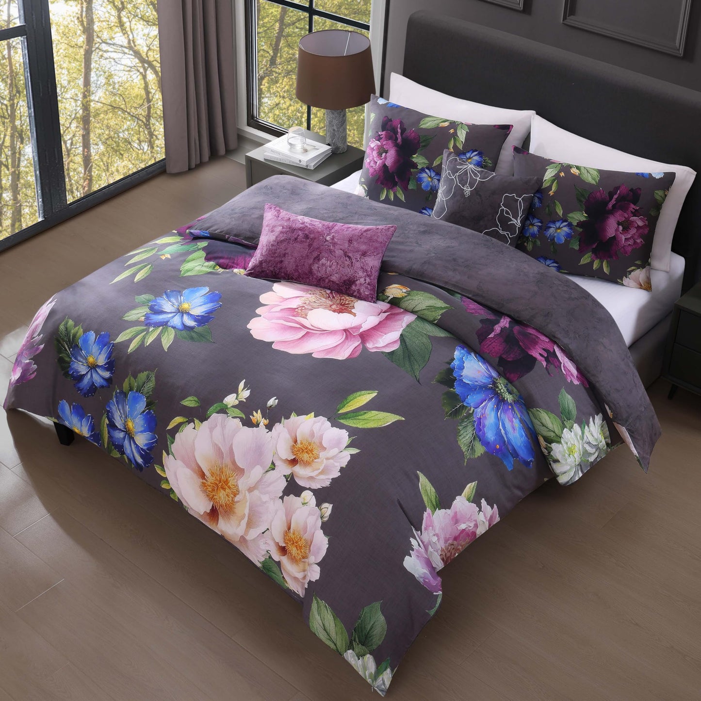 Bebejan Elegant Blossom 5 Piece Comforter Set, 100% Cotton Sateen, 200 Thread Count, Grey Reversible Bedding Comforter Set, 1 Comforter, 2 Shams & 2 Pillows (King/Cal King)