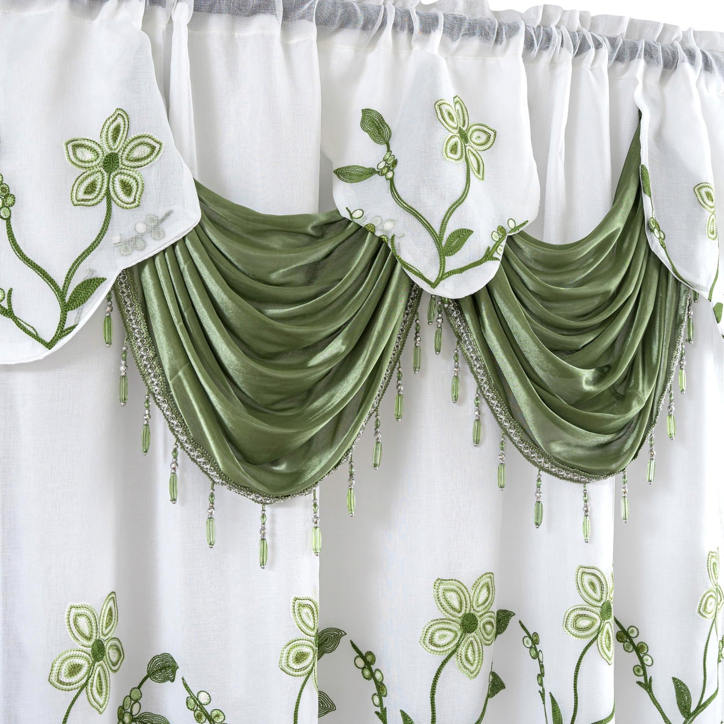 Petrichor Embroidered Sheer Curtain 2 Panels Set - Luxury Window Curtain Attached Valance with Satin Backing and 2 Tie Backs for Living Room,Dining Room, 54x84 inches, Sage Green