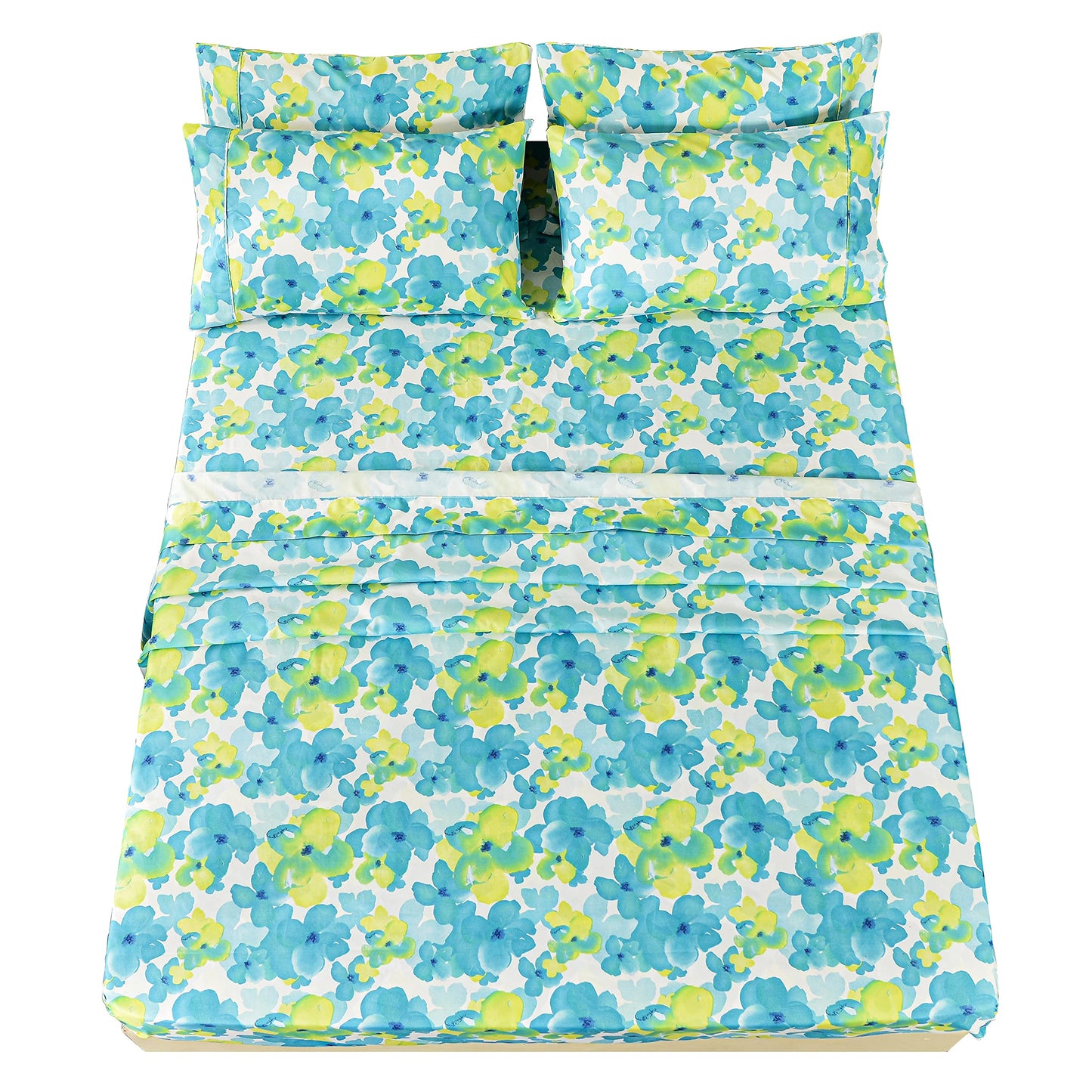 American Home Collection Ultra-Soft Microfiber Sheet Set - Double Brushed - Wrinkle and Stain Resistance - Fit 14 inches Deep Pocket - 6 Pieces Set (Full, Blue & Green Floral)