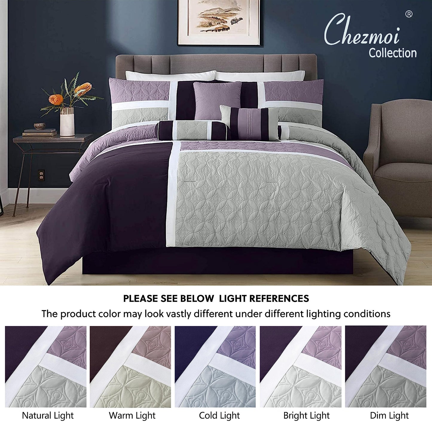 Chezmoi Collection Upland 7-Piece Quilted Patchwork Comforter Set, Lavender/Gray/Purple, King
