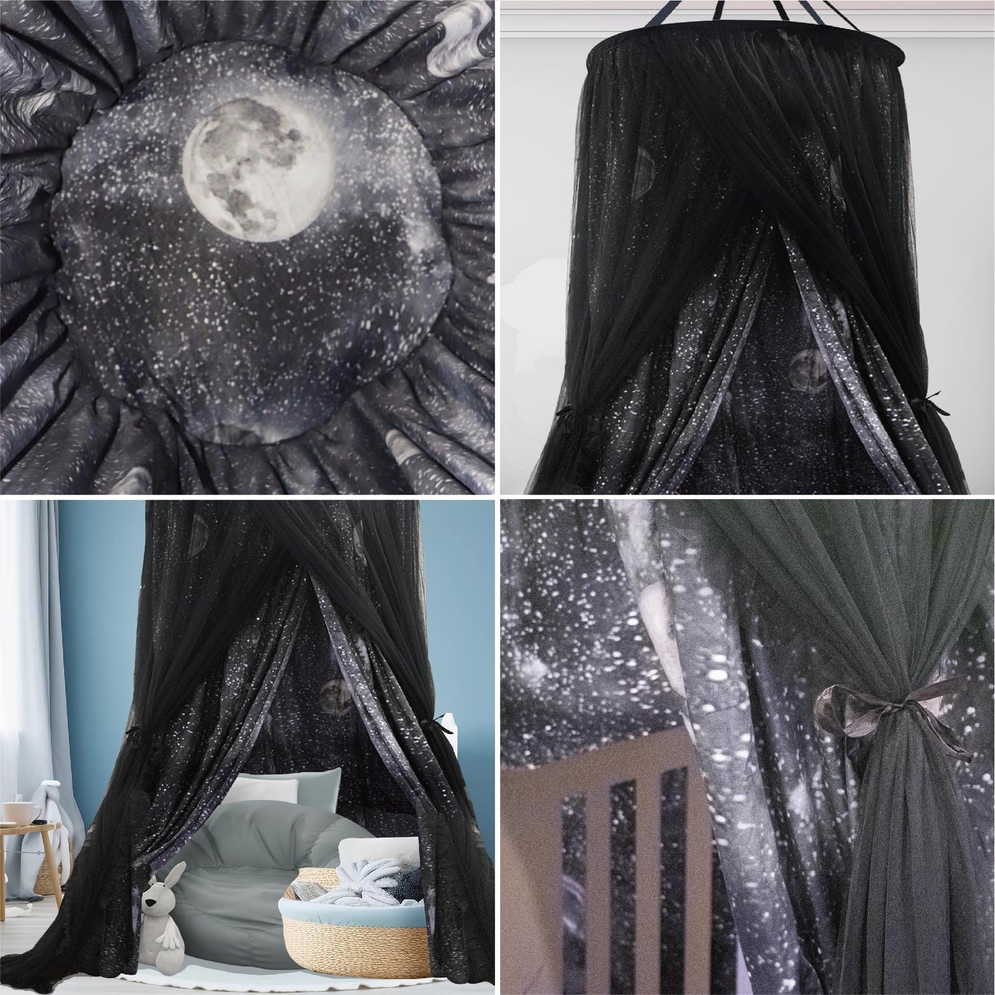 ZXPLO 32"x 106" Bed Canopy for Girls & Adults, Double Layer Princess Round Dome Bed Curtain Canopy Drapes, Dreamy Mosquito Net Reading Nook, Bedroom Decoration (Moon)