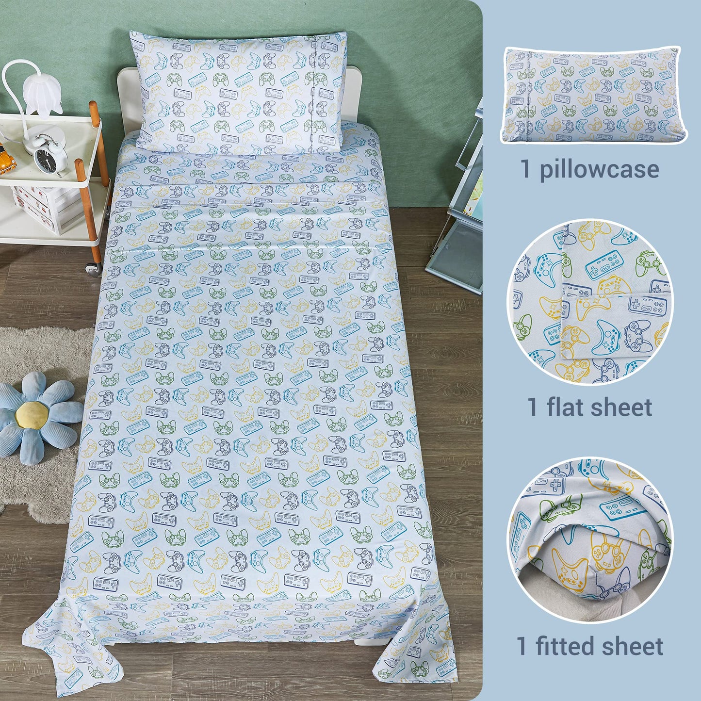 Viviland 3 Pieces Boys Grey Twin Sheet Set - Soft Microfiber Fitted Flat Sheets & Pillowcase - Game Player Paddle Printed Bedding Sets - for Kids & Toddlers