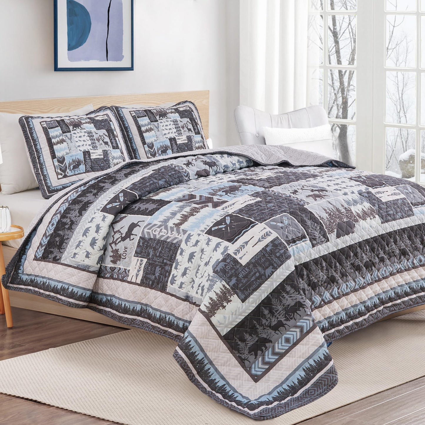 Market & Place Rustic Quilts Full/Queen Size | 3-Piece Cabin Comforter Set with Shams | Reversible Lodge Wildlife Bedding for All Season | Denali Collection (Full/Queen, Wildlife Woods)