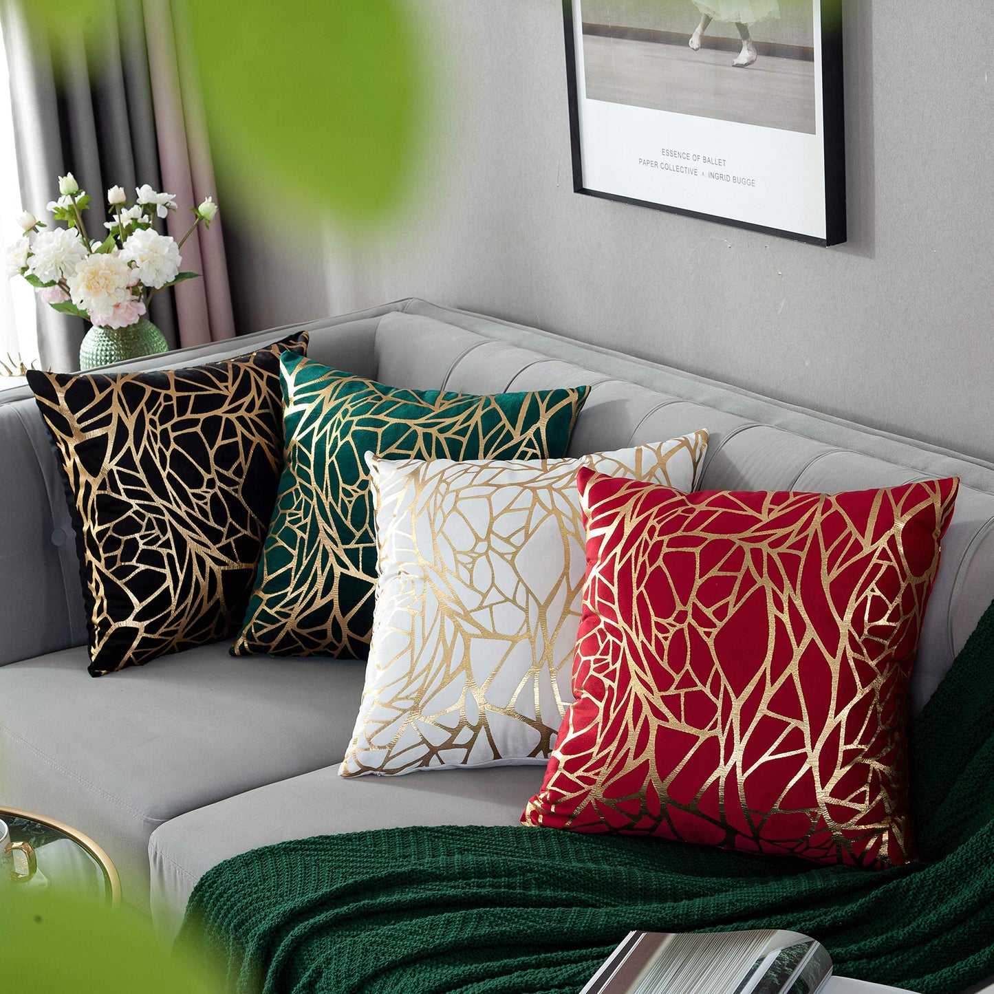 TAOSON Pack of 2,Irregular Abstract Lines Geometric Bronzing Printed Cozy Soft Throw Pillow Cases Cushion Covers Shells for Sofa Couch Bed Home Decoration 18 x 18 Inches, Green and Gold