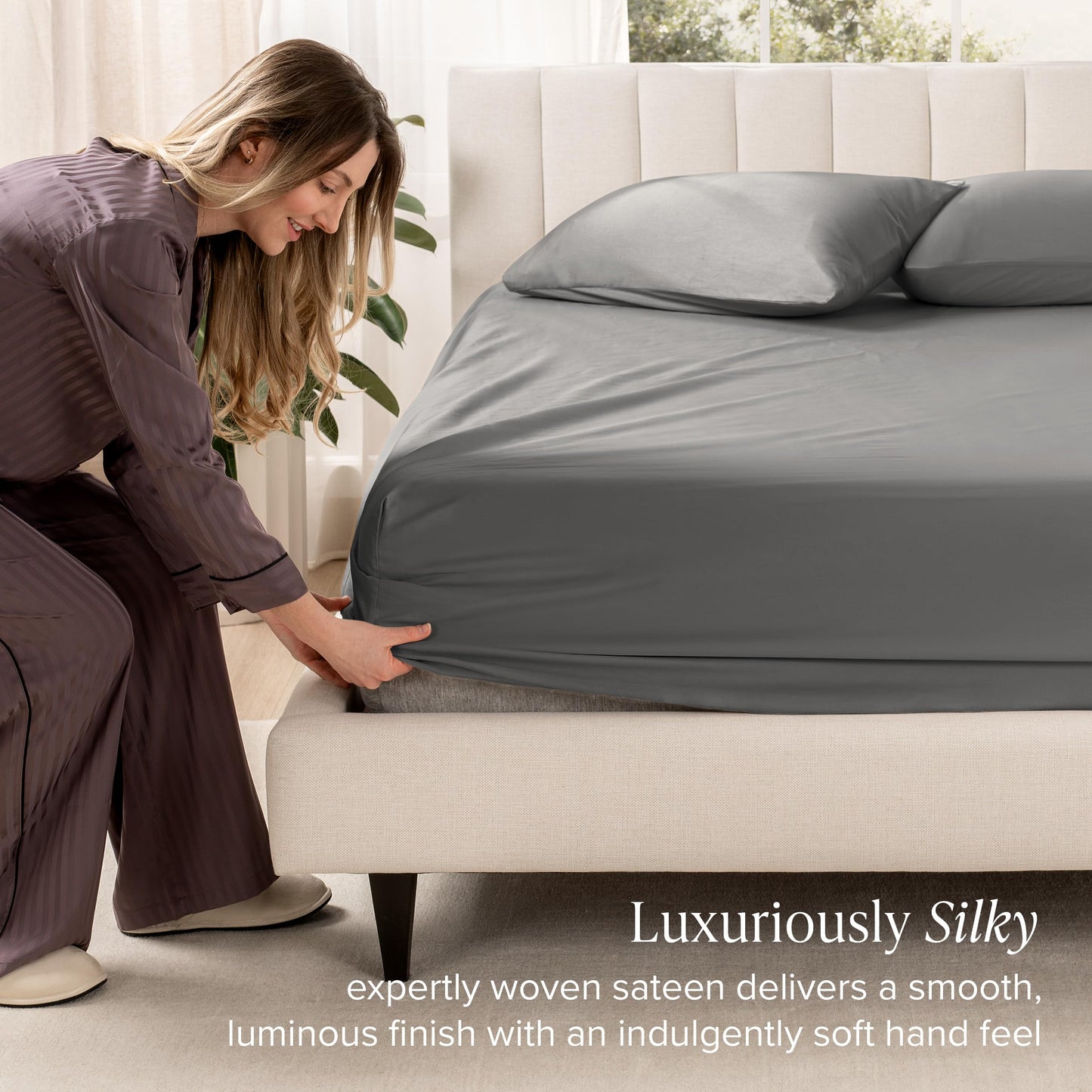 Bare Home 100% Organic Cotton Sateen Fitted Sheet - 400 Thread Count - Smooth Sateen Weave - Breathable & Cooling - Hotel Luxury - Durable Fitted Sheet - Deep Pocket (King, Grey)