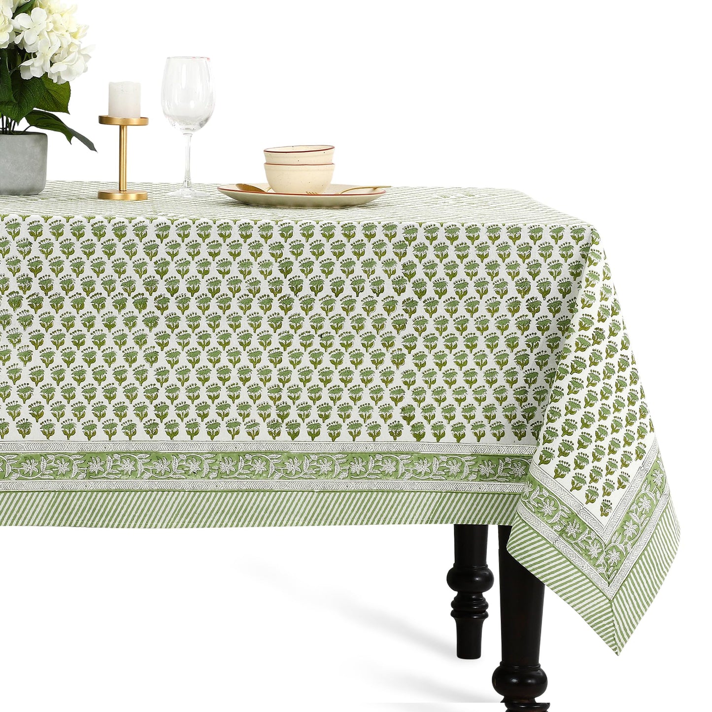 CPC Tablecloth 100% Cotton 60x60 Inch Indian Block Print Square Table Cover, Table Cloth for Weddings, Spring/Summer, Barbeque - Emerald Green