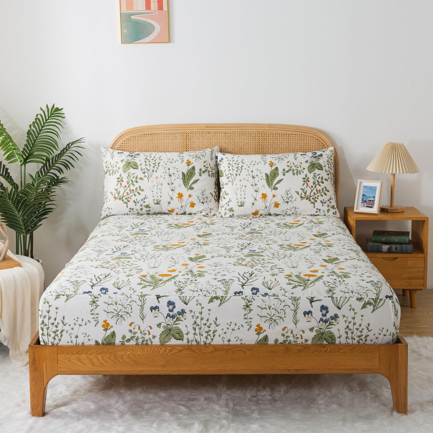 Zusbest Queen Sheet Set 100% Percale Cotton Green Floral Bed Sheet Set Yellow Flower & Green Leaves Botanical Pattern Printed on White Garden Luxury Crisp Soft Deep Pocket Fitted Sheet 17.5'' 4Pcs