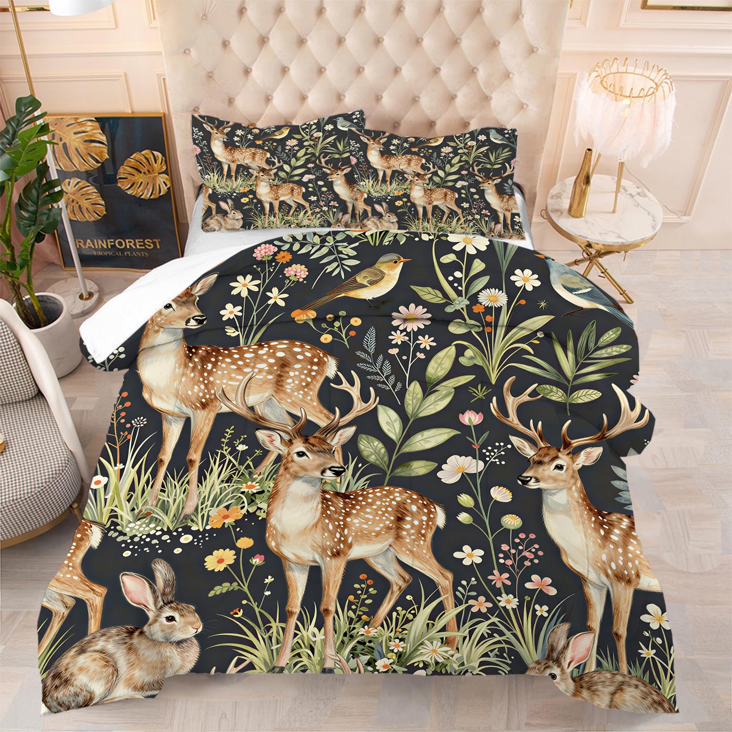 EDGZKO Hunting Themed Comforter Set, Queen Size Deer Rabbit Bedding Set for Boys Girls Kids Teens Adults, Elk Moose Quilt Duvet Bed Set, Wild Animals Bedroom Decor 1 Comforter & 2 Pillowcases