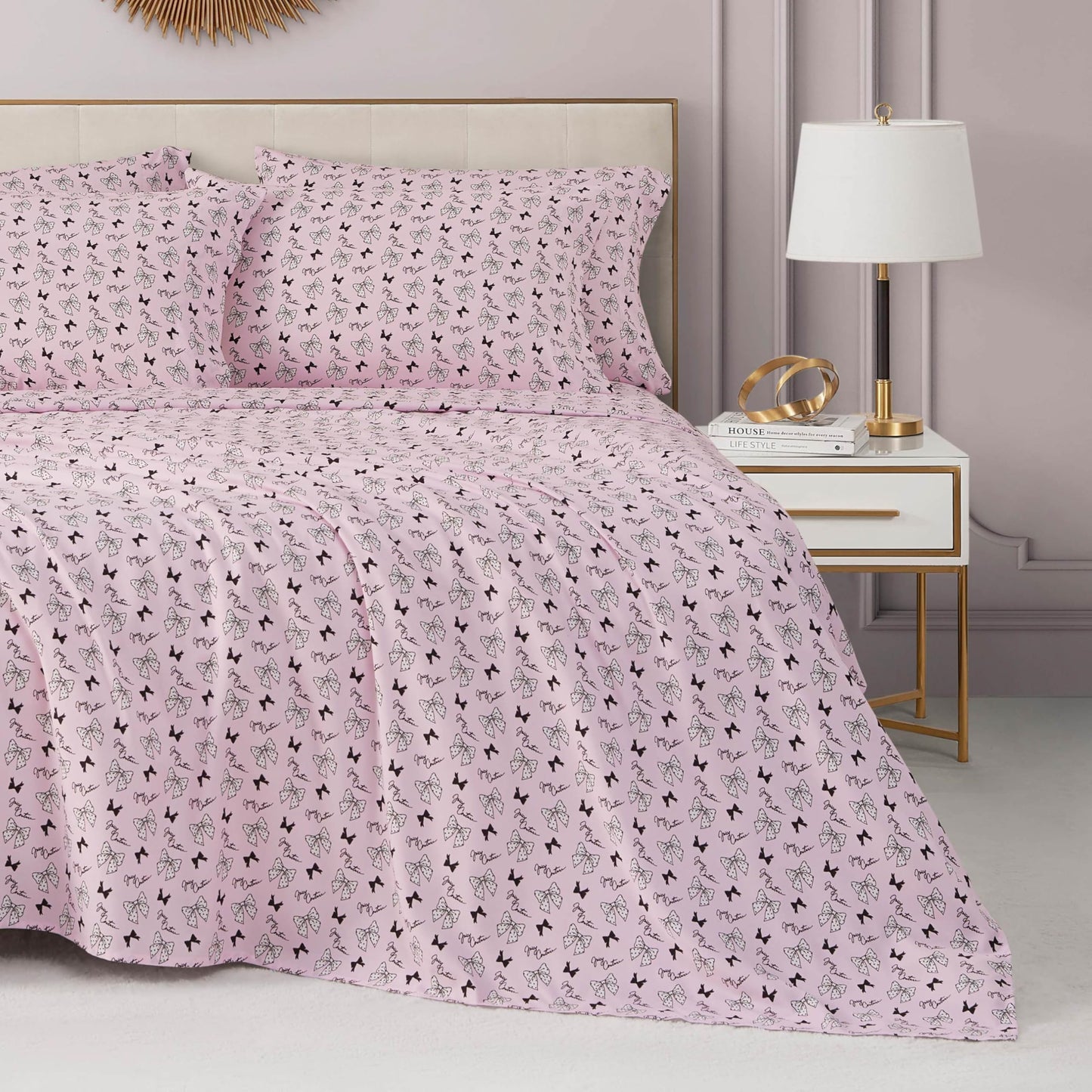 Juicy Couture Printed Microfiber 6-Piece King Sheet Set, Polka Dot Bow Toss Light Pink