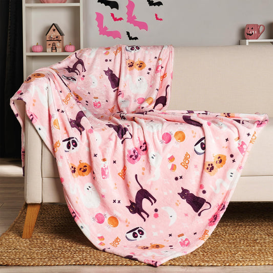 Pink Halloween Blanket - Cute & Stylish for Summerween - Pink Ghost Blanket - Halloween Decor for Bedroom - Soft and Plush - 50 x 60