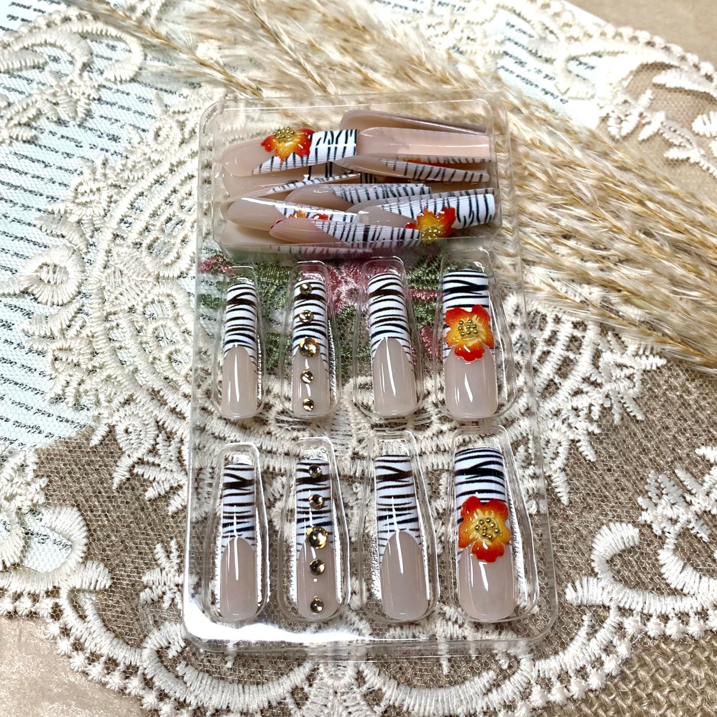 BABALAL Press on Nails Long Square Fake Nails Y2k Zebra White French Tip Glue ons 3D Texture Orange Flower Handmade Supplies with Rhinestone Luxury 24Pcs Wild Fall Glossy Full Cover False Nails