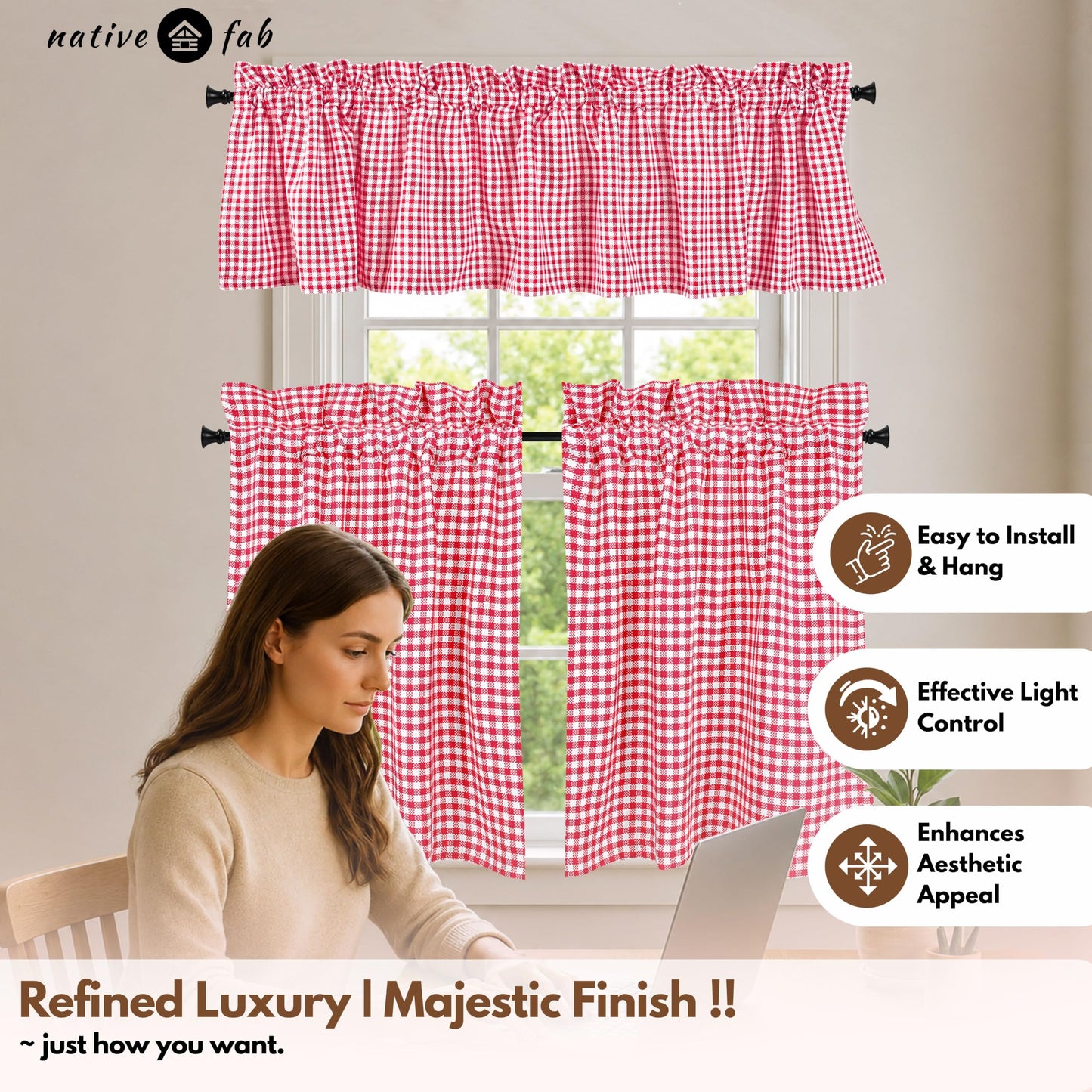 Native Fab Gingham Check 3 Pieces Window Curtain Tiers 26"x36" and Valance 54"x18" Set - Rod Pocket - Semi Sheer - Farmhouse Small Curtain for Kitchen, Bedroom, Living Room - Red and White