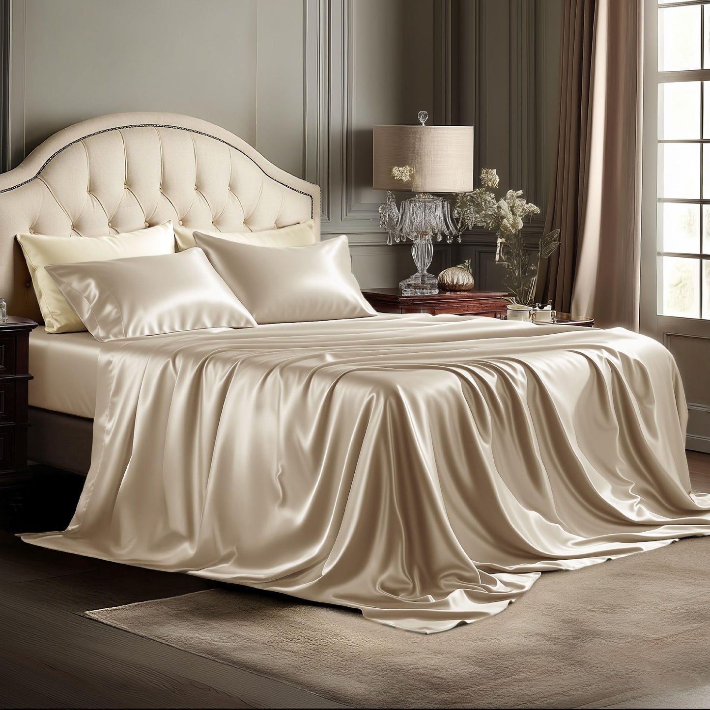 Bedsure Satin Sheets Full Size - 4 Piece Silky Bedsheets with 15 Inches Deep Pocket Fitted Bedsheet,1 Flat Sheet, 2 Satin Pillowcases, Good for Hair & Skin (Full, Champagne)