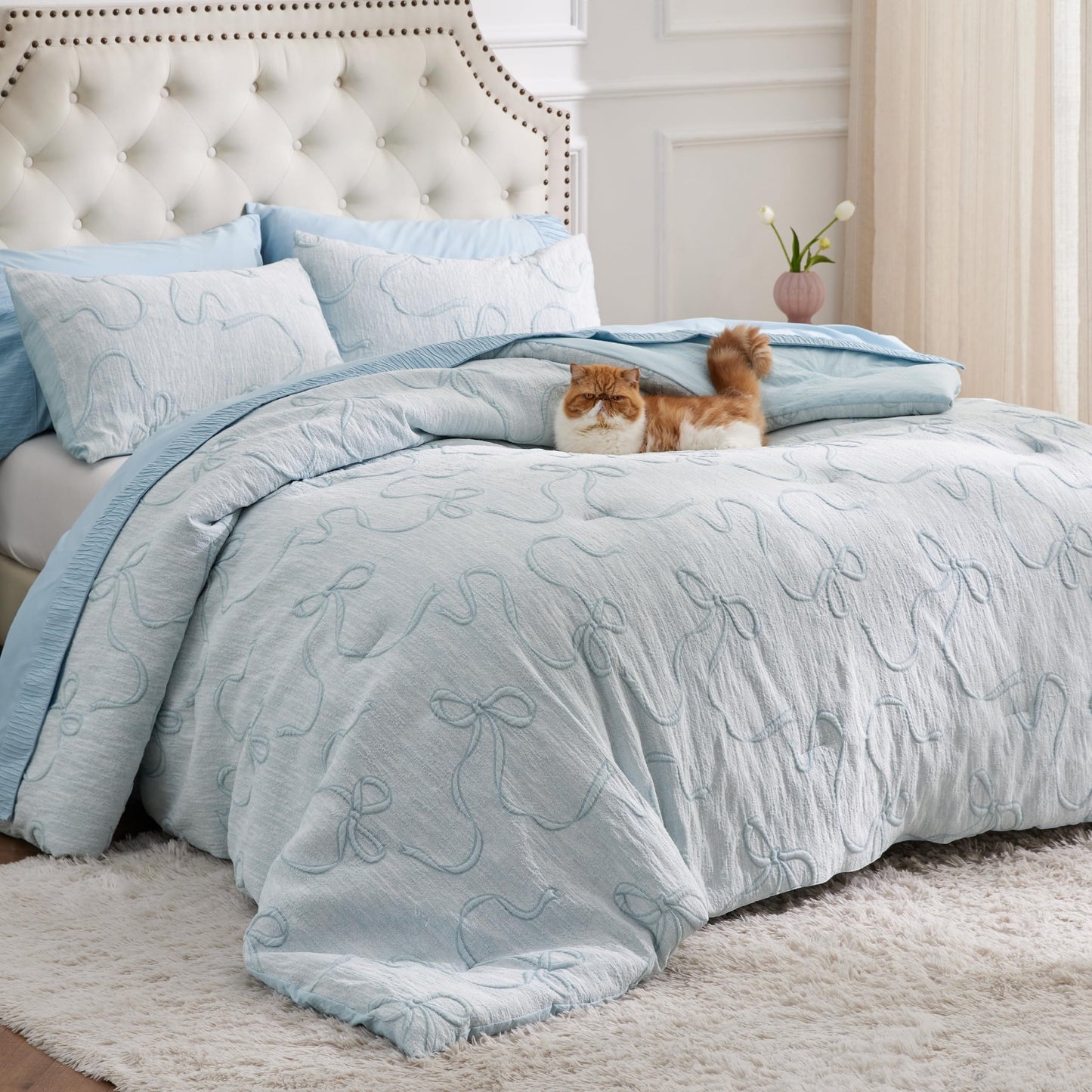 Bedsure Dusty Blue King Size Comforter Set, GentleSoft™ 3 Pieces Breathable Bow Comforter Set Women with 2 Pillow Shams, Cute King Bedding Set Room Decor Aesthetic Bedroom Decor, 104x90 Inches